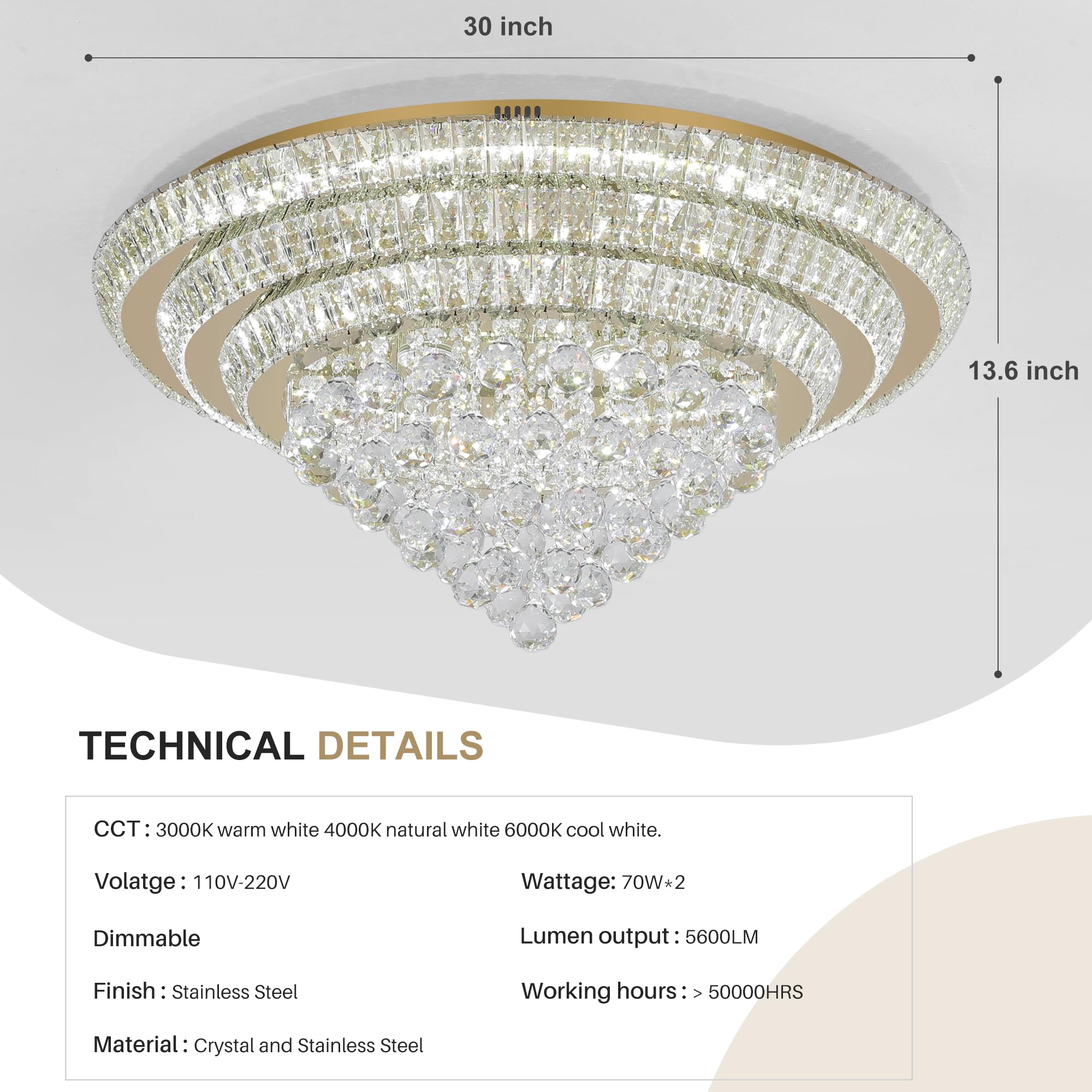 COCOSTAR 20" Gold Crystal Chandeliers, Flush Mount Chandelier LED Ceiling Light, Modern Crystal Raindrop Chandeliers for Dining Room, Living Room, Bedroom