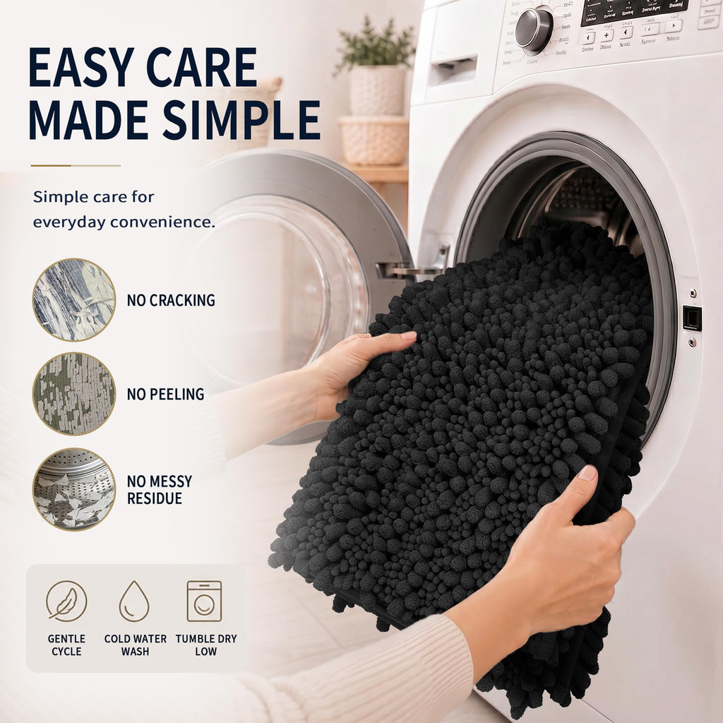 Yimobra Black Bathroom Rug Set 3 Piece - Super Absorbent Quick Dry Chenille Bath Mats & Toilet Rug, Non Slip Machine Washable, Extra Thick Shaggy Floor Mat for Shower Tub Sink