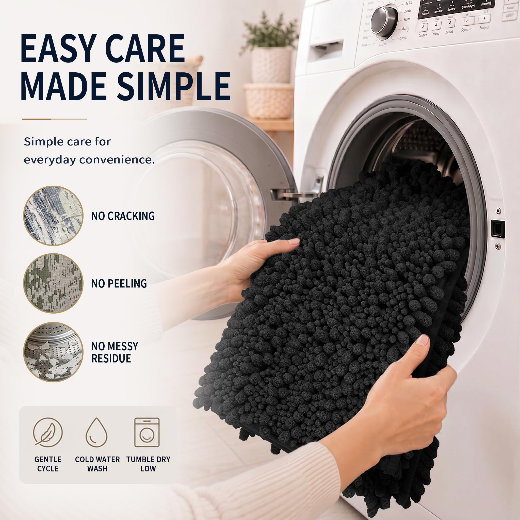 Yimobra Black Bathroom Rug Set 3 Piece - Super Absorbent Quick Dry Chenille Bath Mats & Toilet Rug, Non Slip Machine Washable, Extra Thick Shaggy Floor Mat for Shower Tub Sink