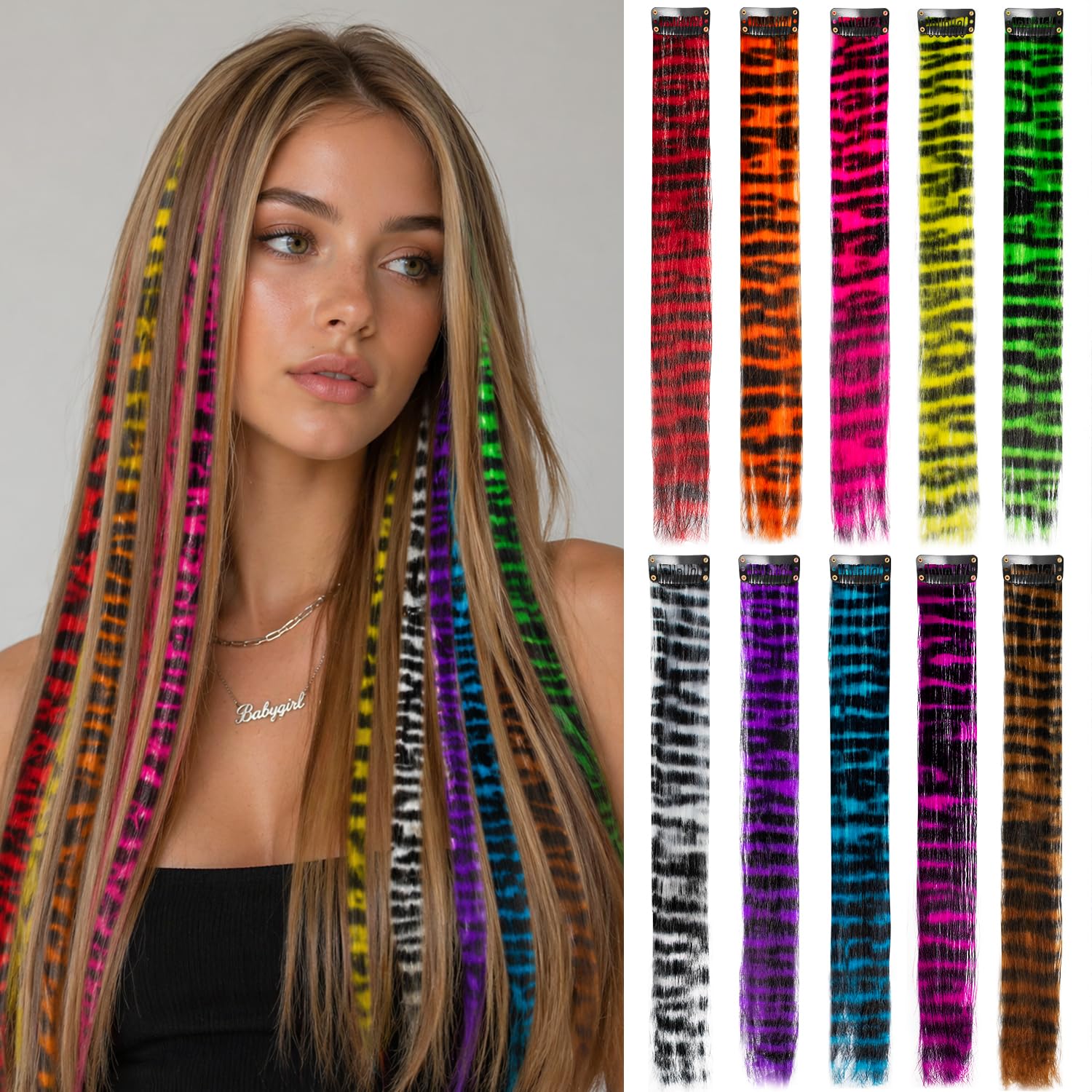 22 inch Colored Hair Extensions,Colorful Clip in Long Straight Synthetic Hair Extensions,Color Party Highlights Hairpieces for Women Girls Cosplay Styling(10 PCS Black)