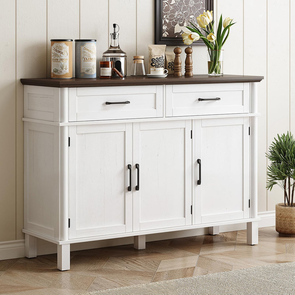 ONBRILL 48 Inches Buffet Cabinet with Storage, Farmhouse Sideboard Buffet w/2 Drawers and 3 Doors, Wood Coffee Bar Cabinet with Adjustable Shelves, Sideboard Storage for Kitchen, Living Room, Black