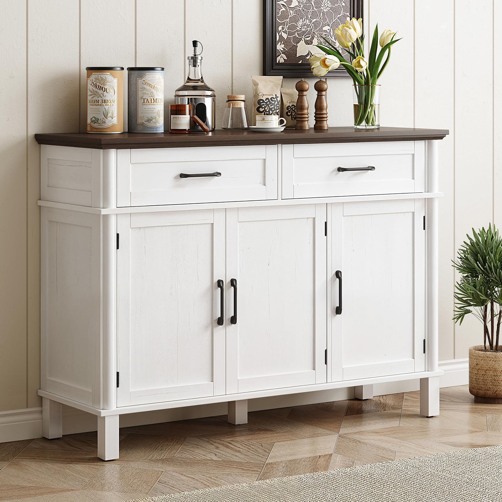 ONBRILL 48 Inches Buffet Cabinet with Storage, Farmhouse Sideboard Buffet w/2 Drawers and 3 Doors, Wood Coffee Bar Cabinet with Adjustable Shelves, Sideboard Storage for Kitchen, Living Room, Black