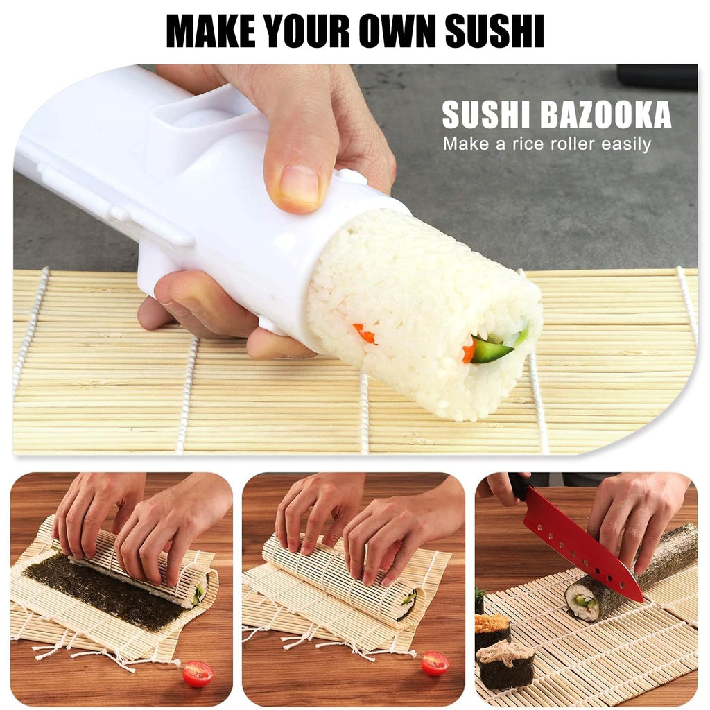 SmileTools Sushi Making Kit, 22pcs Roller Maker for Beginners With Guide Book, Bazooka, Knife, Mat, Avocado Slicer, Chopsticks, Sauce Dishes & More - Sushi Lover's Gift