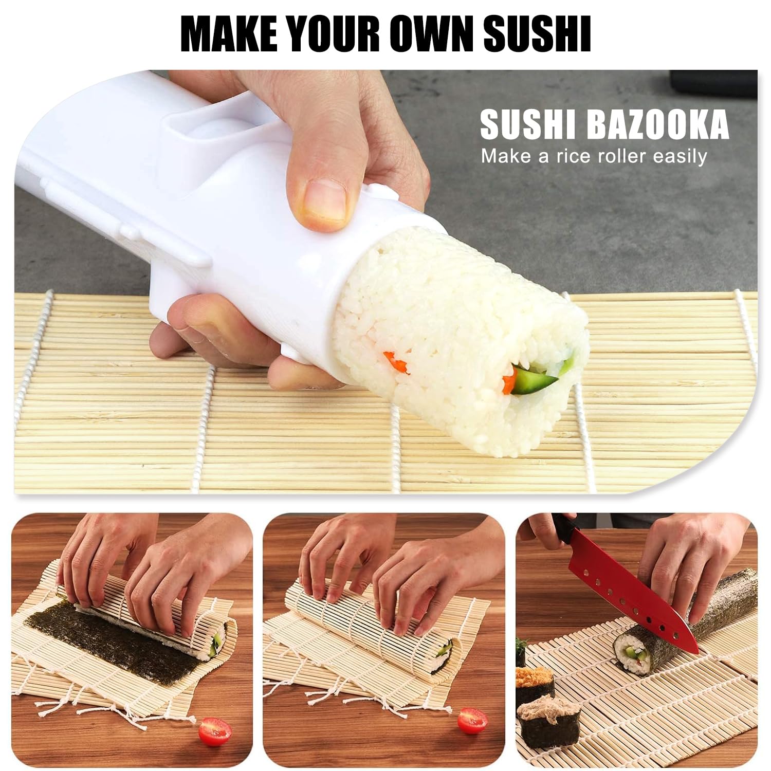 SmileTools Sushi Making Kit, 22pcs Roller Maker for Beginners With Guide Book, Bazooka, Knife, Mat, Avocado Slicer, Chopsticks, Sauce Dishes & More - Sushi Lover's Gift