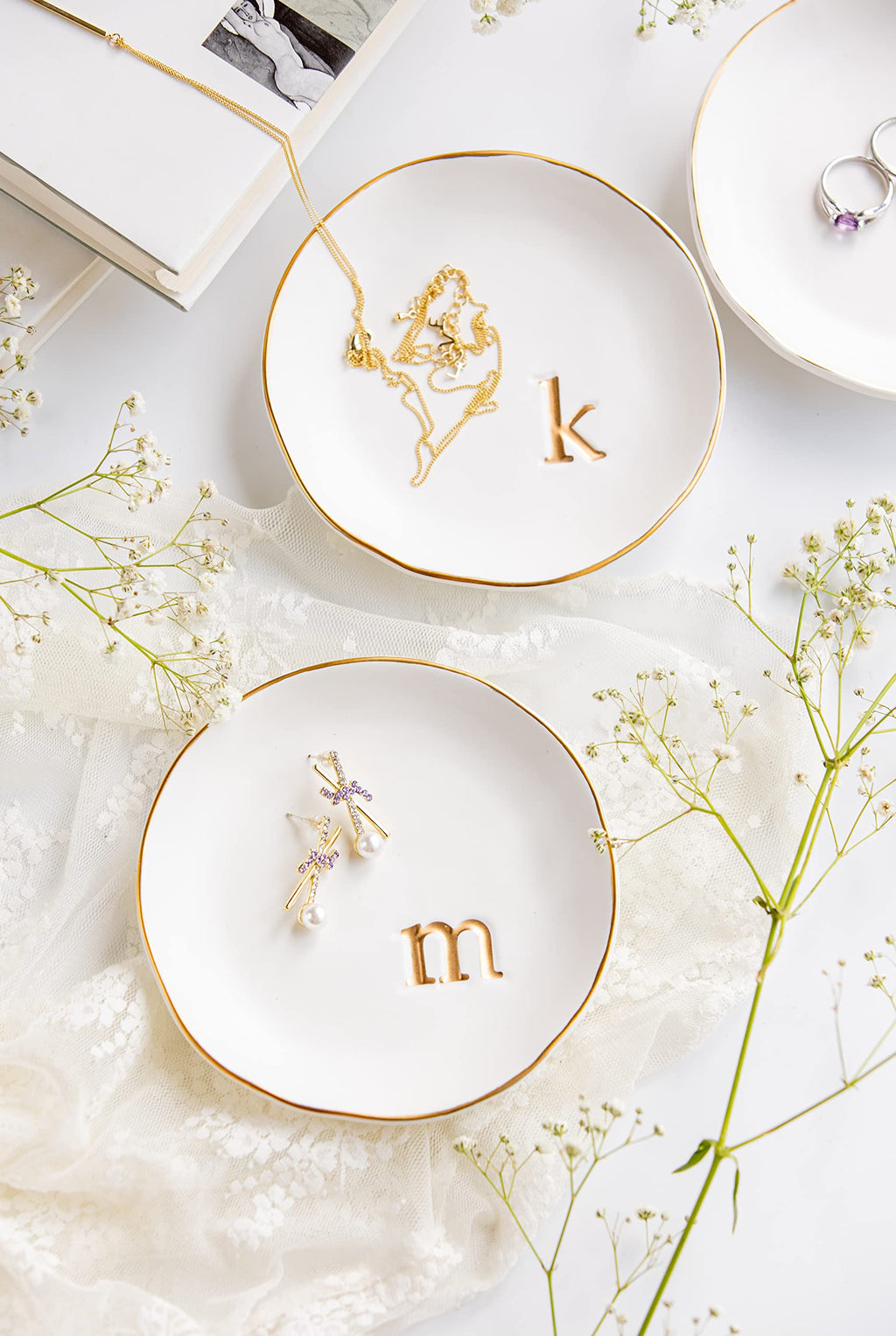 COLLECTIVE HOME - Ceramic Jewelry Tray, Decorative Trinket Dish for Rings Earrings Necklaces Bracelet Watch Keys, Birthday Mother's Day Christmas Gift for Women, 4.75", White Surface (A)