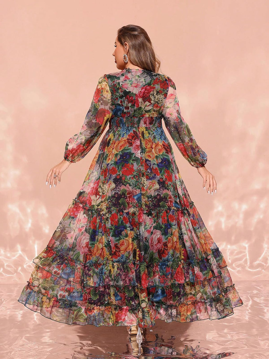 Spring Summer 2024 Plus Size Womens Dresses V Neck Casual Elegant Long Sleeve Floral Print Maxi Dress