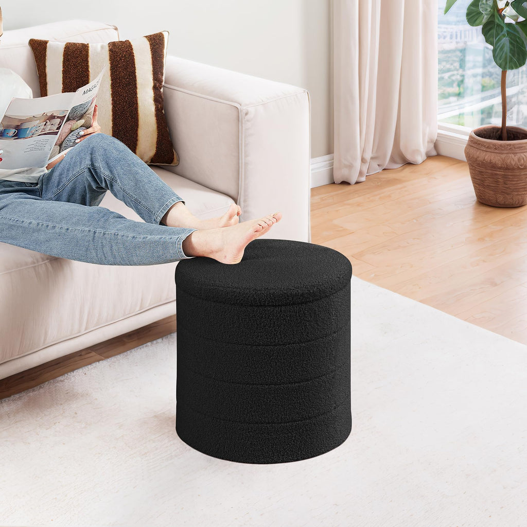 PINPLUS Round Storage Ottoman Foot Rest Stool with Tray Velvet Sherpa Folding Storage Ottoman,Boucle Foot Rest for Living Room, Bedroom, Dorm（Beige）
