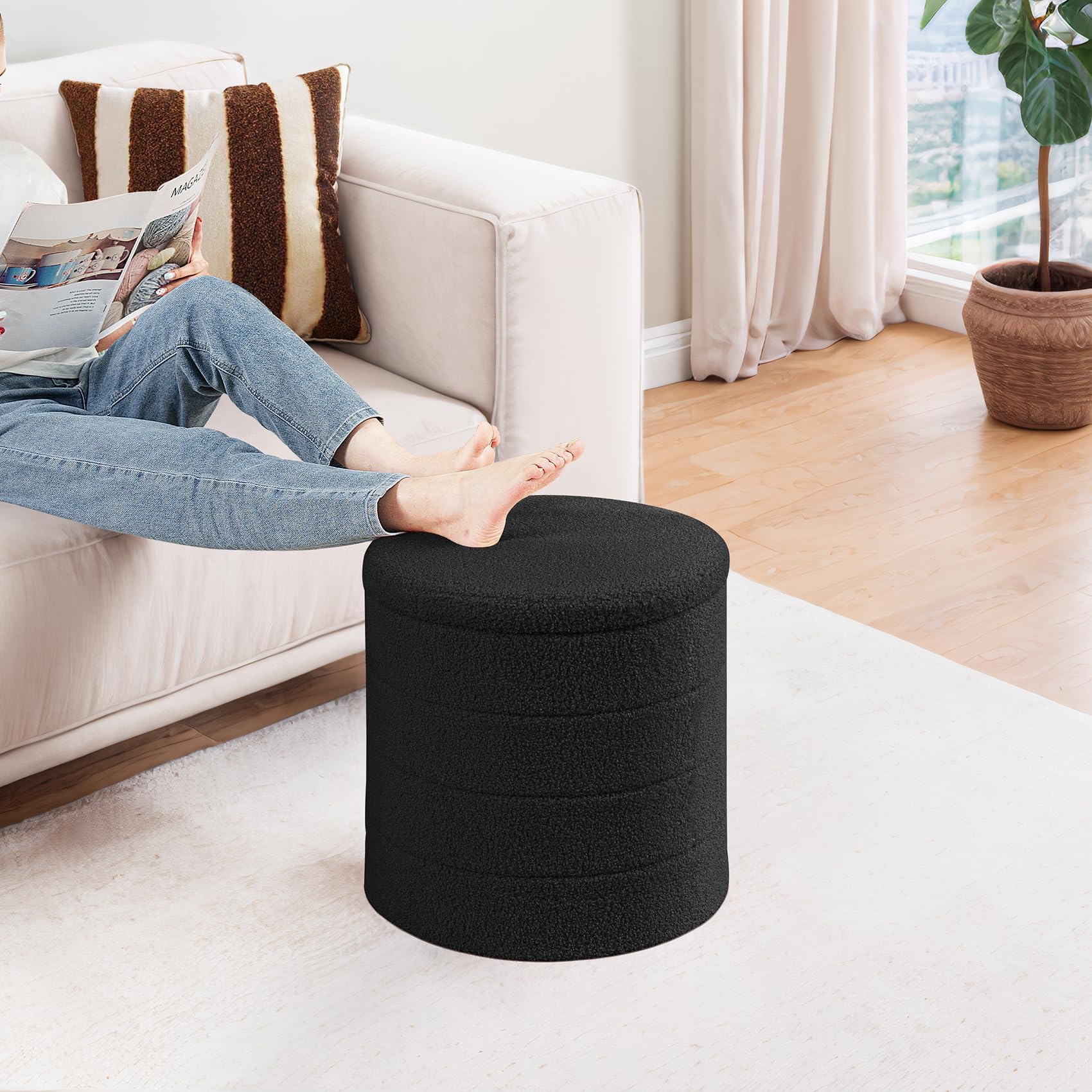 PINPLUS Round Storage Ottoman Foot Rest Stool with Tray Velvet Sherpa Folding Storage Ottoman,Boucle Foot Rest for Living Room, Bedroom, Dorm（Beige）