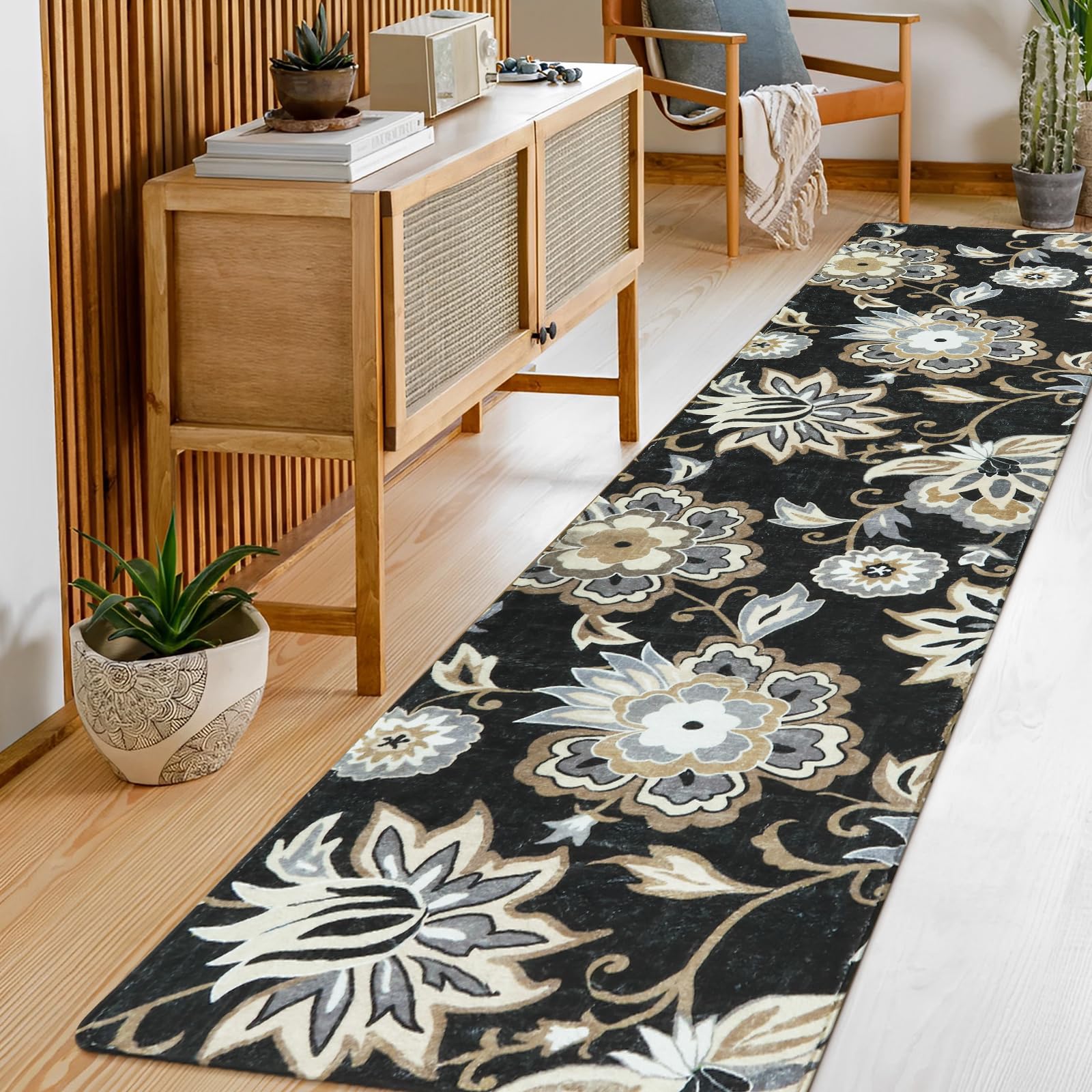 Lahome Floral Washable Area Rugs - 2x3 Non-Slip Small Entryway Rug Indoor, Throw Stain Resistant Kitchen Rugs Soft Black Paisley Print Bathroom Mats DoorMat Carpet for Bedroom Laundry Living Room Sink