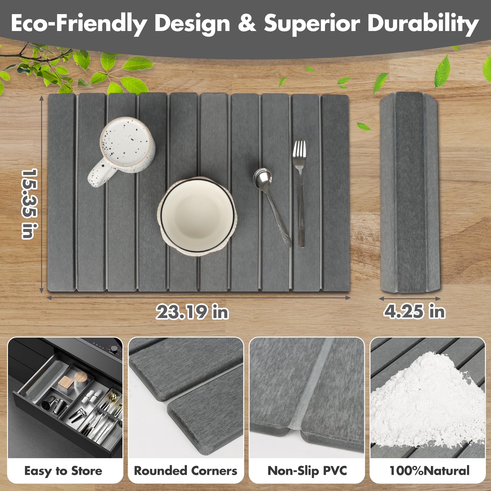 Stone Dish Drying Mat for Kitchen Counter, Eco-friendly, Instant Drying Pad,Diatomaceous Earth Water Absorbing Mat, Foldable and Super Absorbent Dish Drying Stone Mat, 16"×12", Dark Gray