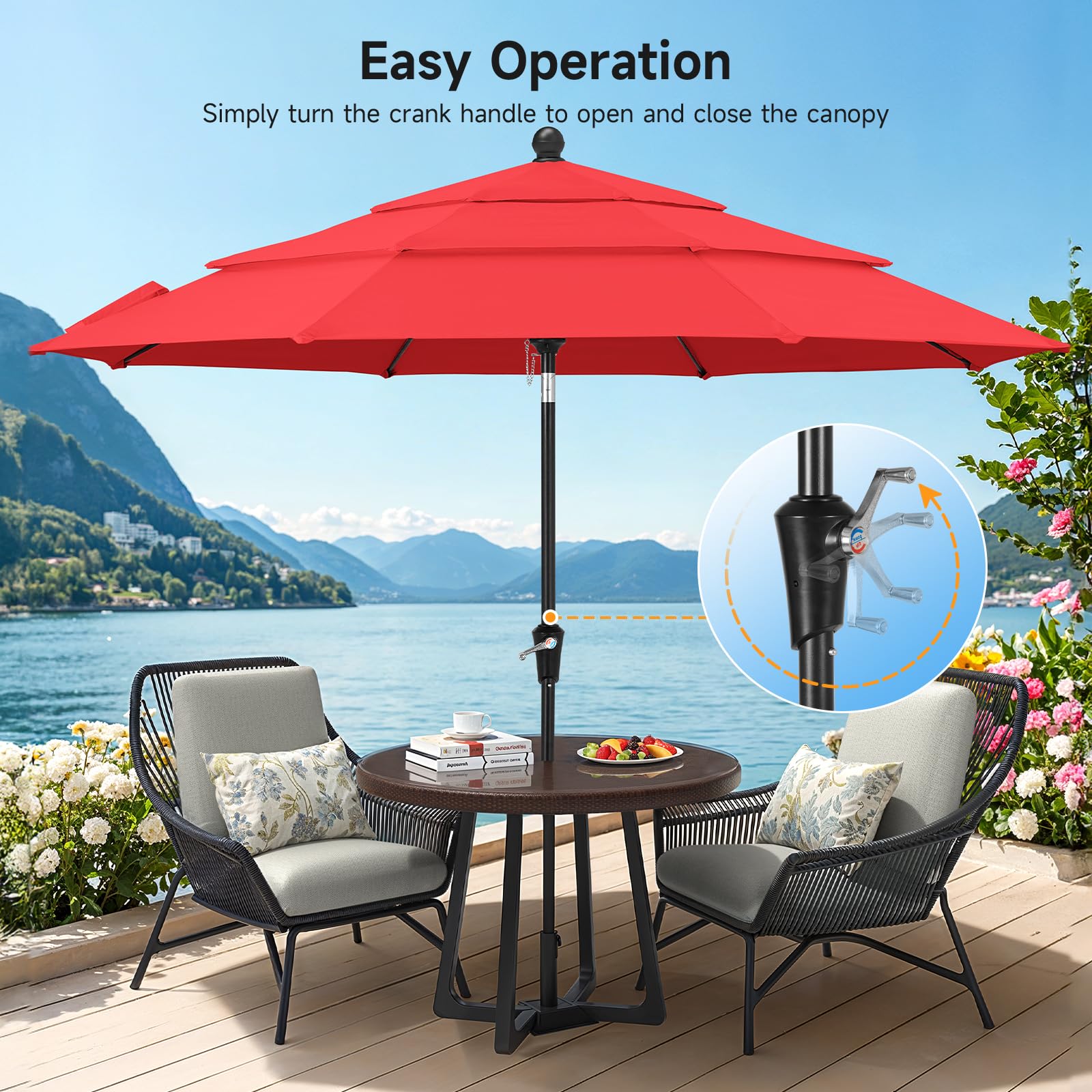ONBRILL 10 FT Patio Umbrella, 3 Tier Outdoor Table Umbrella with 8 Sturdy Glass Fiber Ribs and Push Button Tilt, Outdoor Patio Umbrellas for Market Pool Garden Backyard, 1.5" Pole, Blue (No Base)
