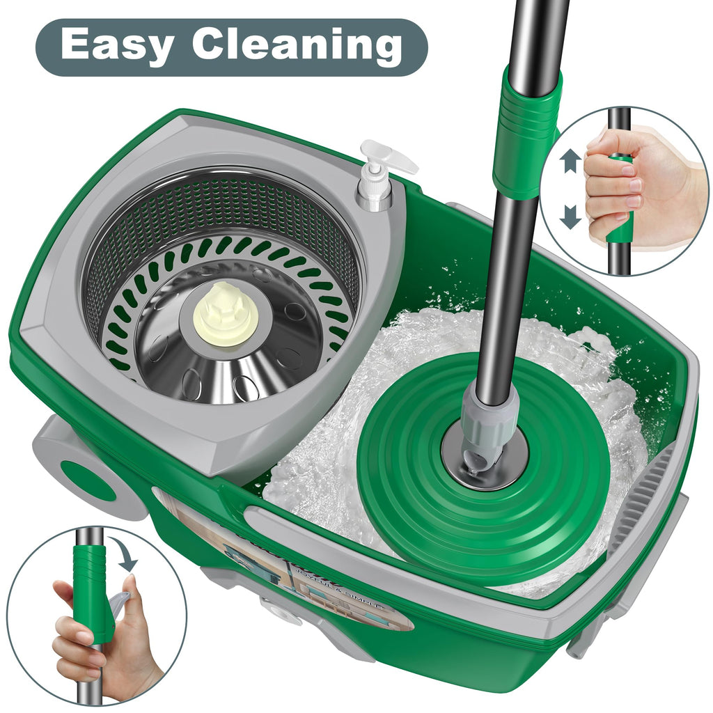 Dual Compartment Spin Mop and Bucket, Mop and Bucket with Wringer Set,360°Rotating Spinning Mopping for Floor Cleaning with 6 Microfiber Replacement Heads, 61" Extended Handle, 2X Wheel - Deep Green