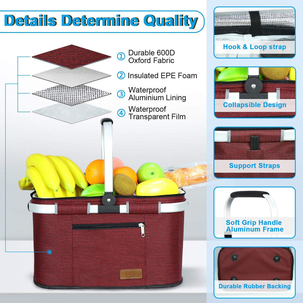 LIQING 35L Large Picnic Basket 2 Layers of Internal Pockets Leak-Proof and Insulated ，Folding with Internal Support for enhansed Stability, Wedding Gifts for Couple(Black)