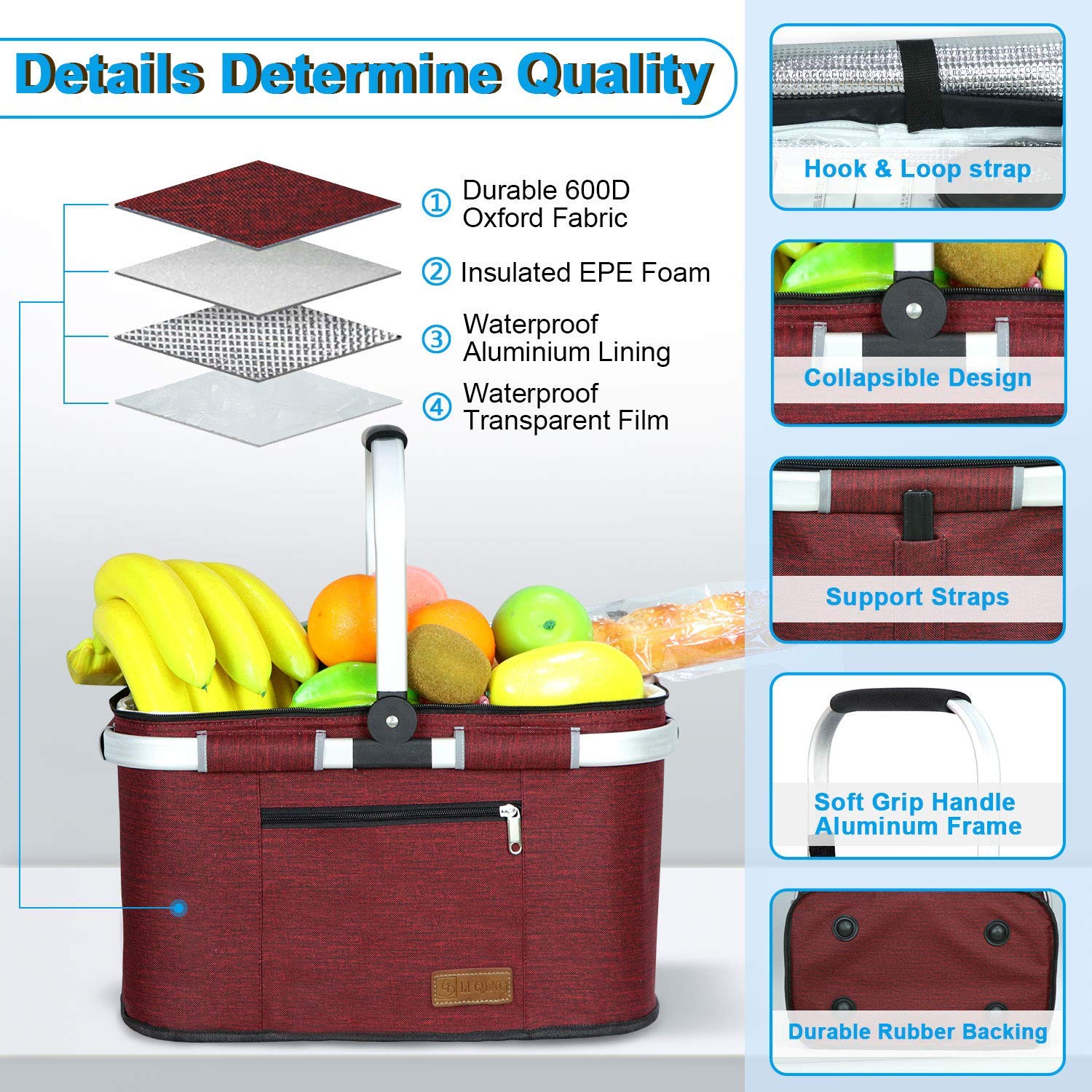 LIQING 35L Large Picnic Basket 2 Layers of Internal Pockets Leak-Proof and Insulated ，Folding with Internal Support for enhansed Stability, Wedding Gifts for Couple(Black)