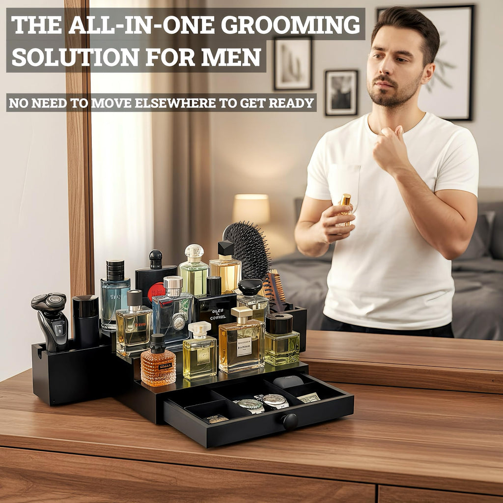 Wooden Cologne Organizer for Men 3 Tier | Black Perfume Holder Shelf for Dresser | High Grade Velvet Lining and Stylish Gift Box | Uncluttered Design Perfume Display Stand