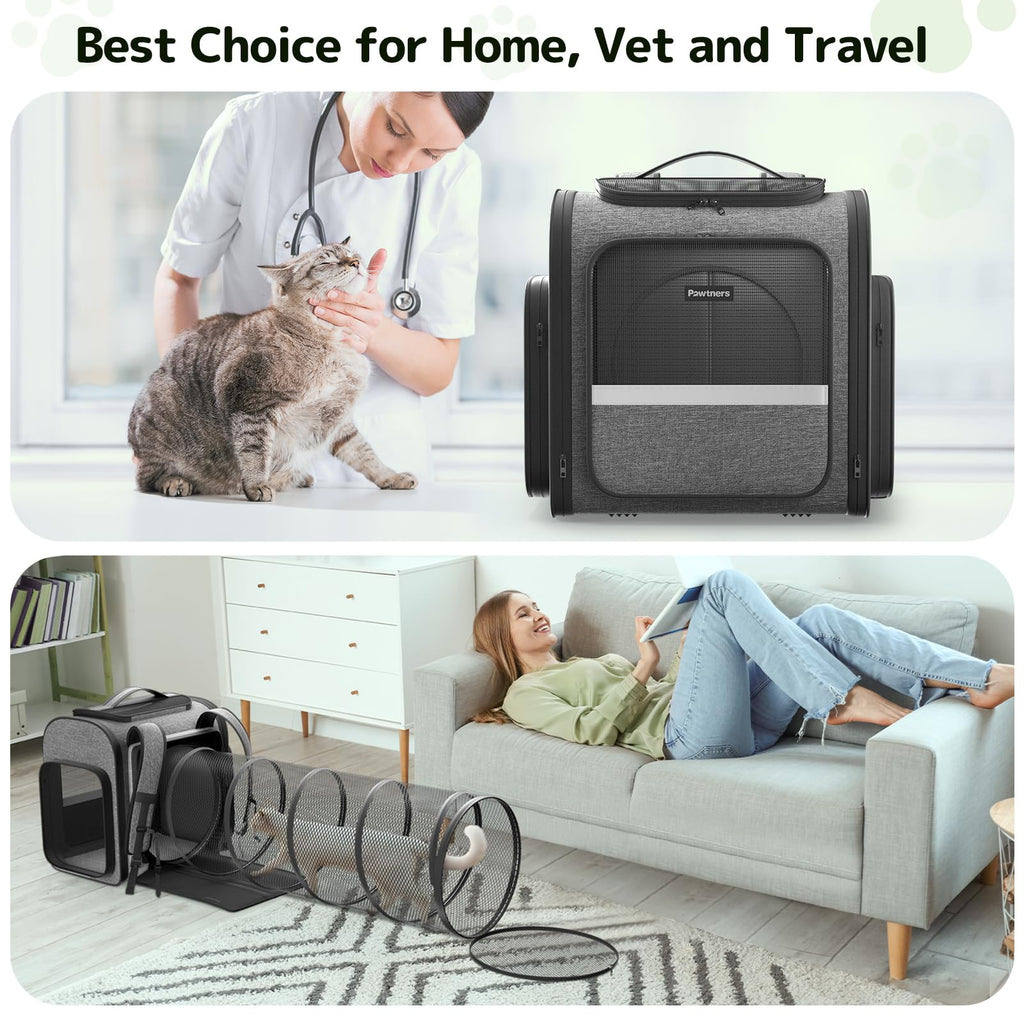 Cat Carrier Backpack with Detachable Play Tunnel, 2 in 1 Cat Tunnel Backpack Suitable for Carrying & Playing, Expandable Pet Carrier for Small Medium Kitten Puppy, Suitable for Travel Hiking Camping