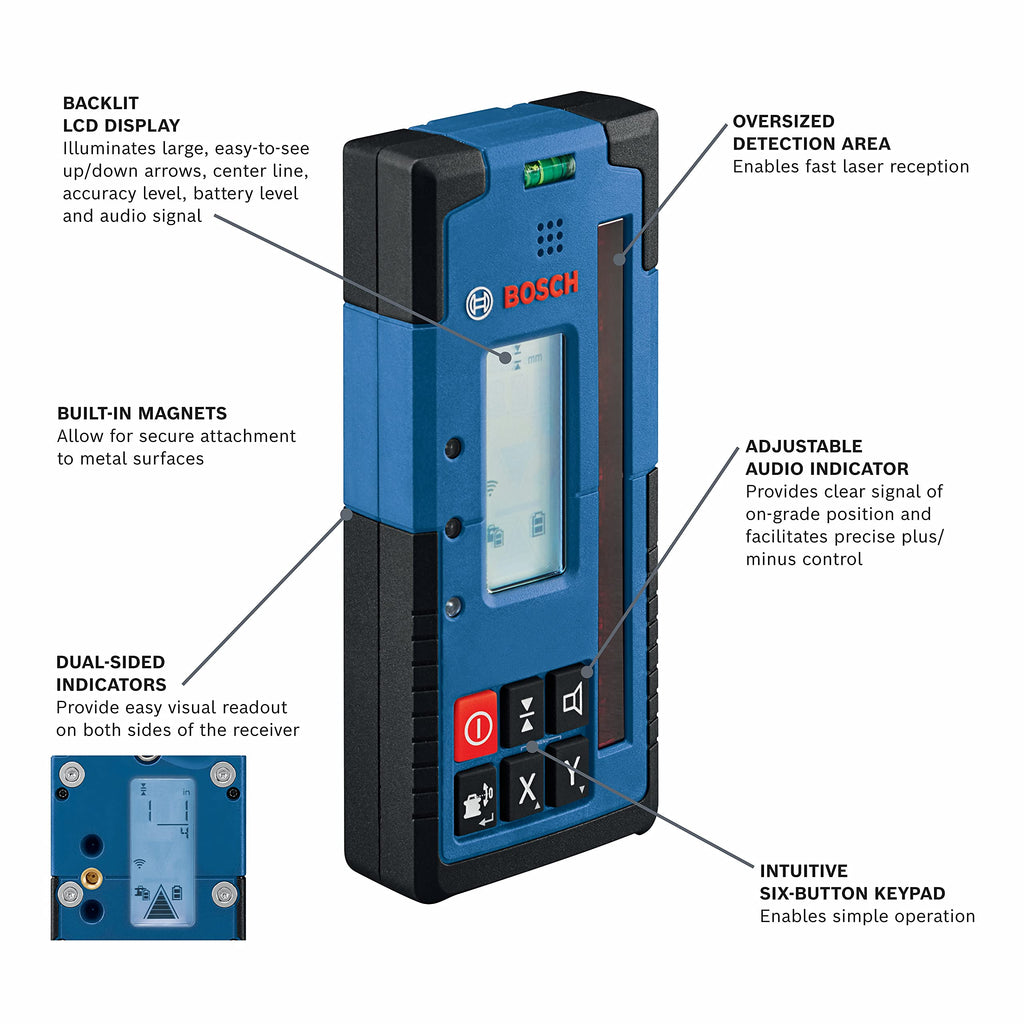 BOSCH LR1 500 Ft Green-Beam Rotary Laser Receiver, Includes Mounting Bracket & 9V Battery