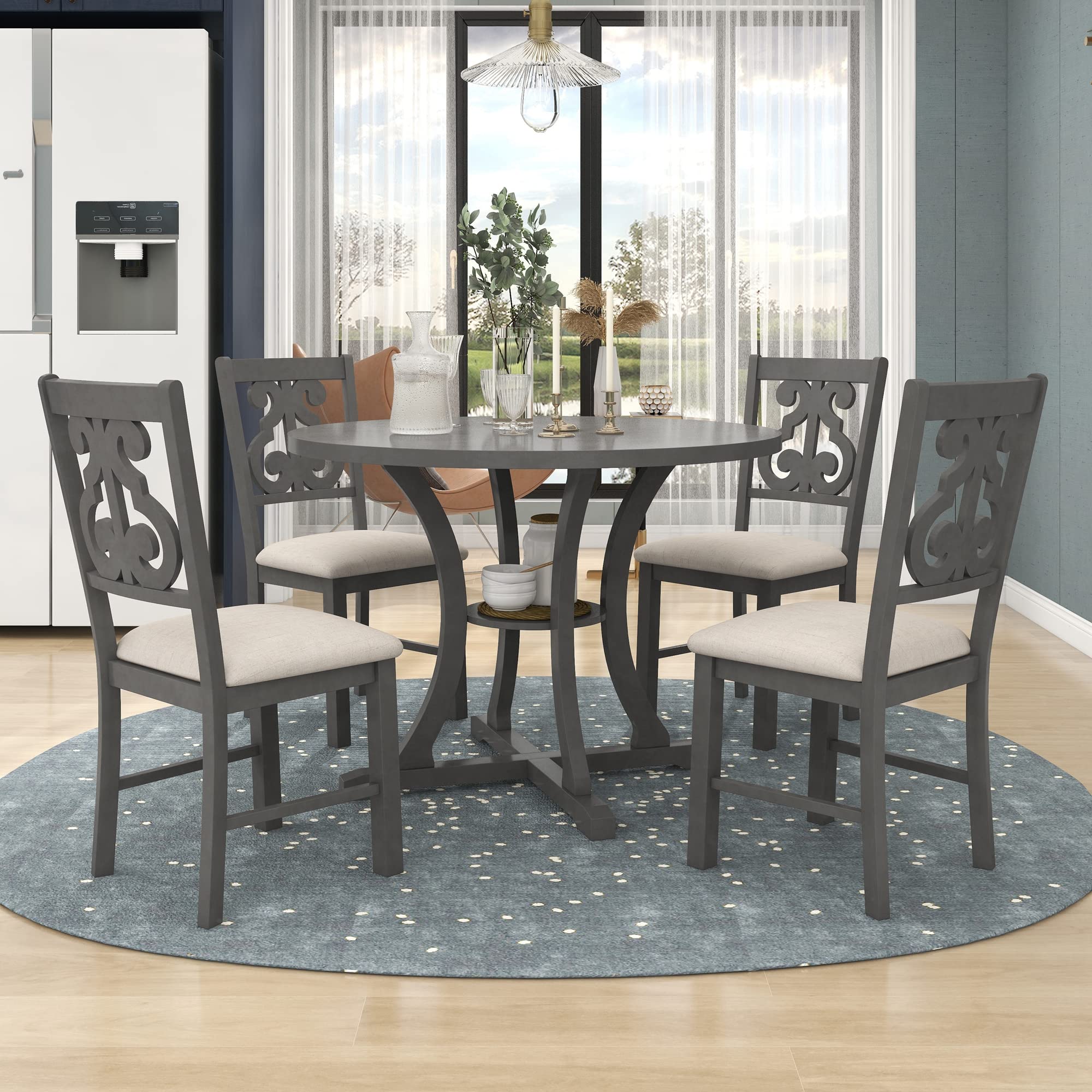LUMISOL 5-Piece Dining Table Set for 4, Farmhouse Round Kitchen Table Set with Special Shaped Legs and 4 Upholstered Chairs for Kitchen, Dining Room, Small Space, Antique Blue