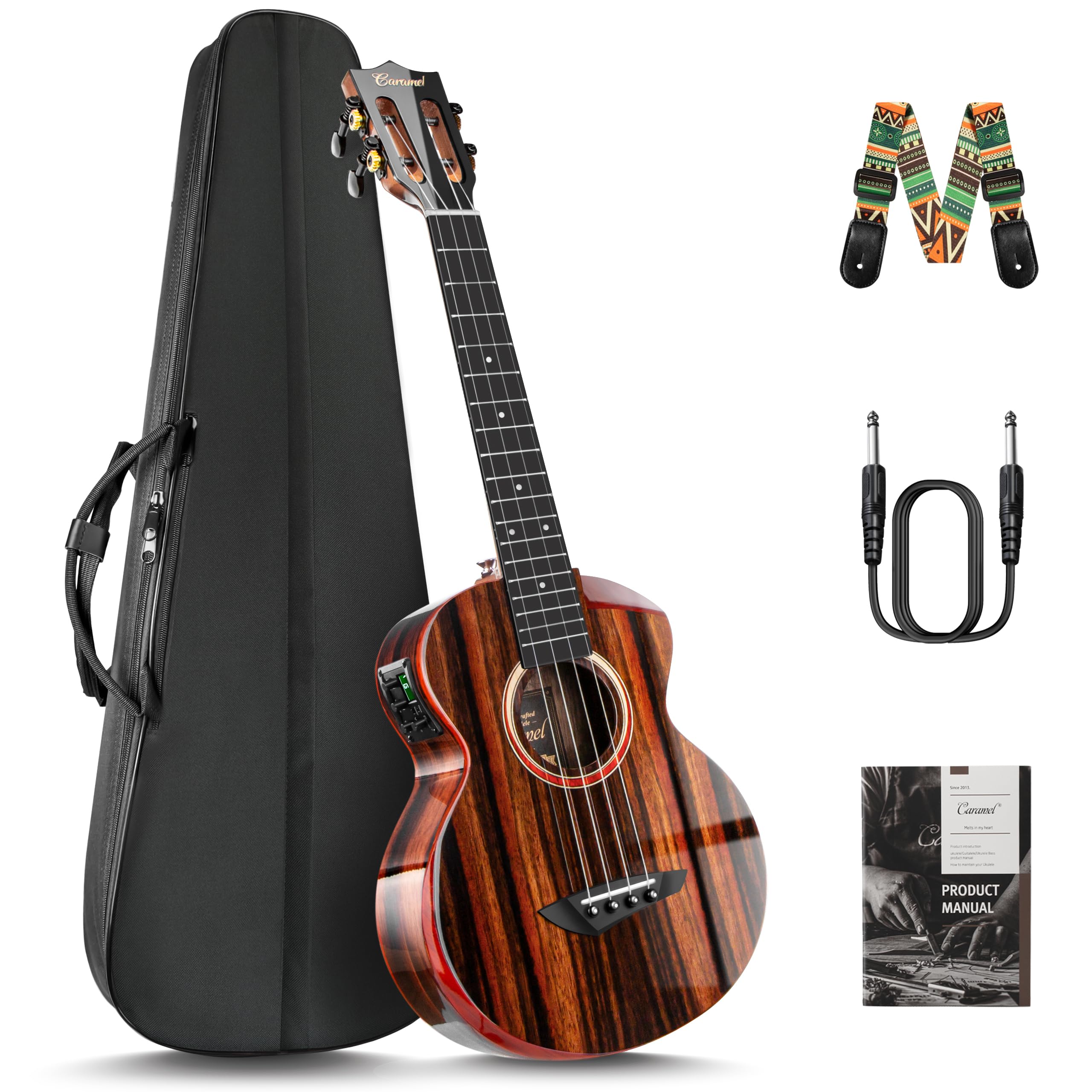 Caramel TEG95 Butterfly Bocote Glossy Tenor Acoustic & Electric Ukulele | 26-inch Handmade Professional Ukelele Kit with Accessories