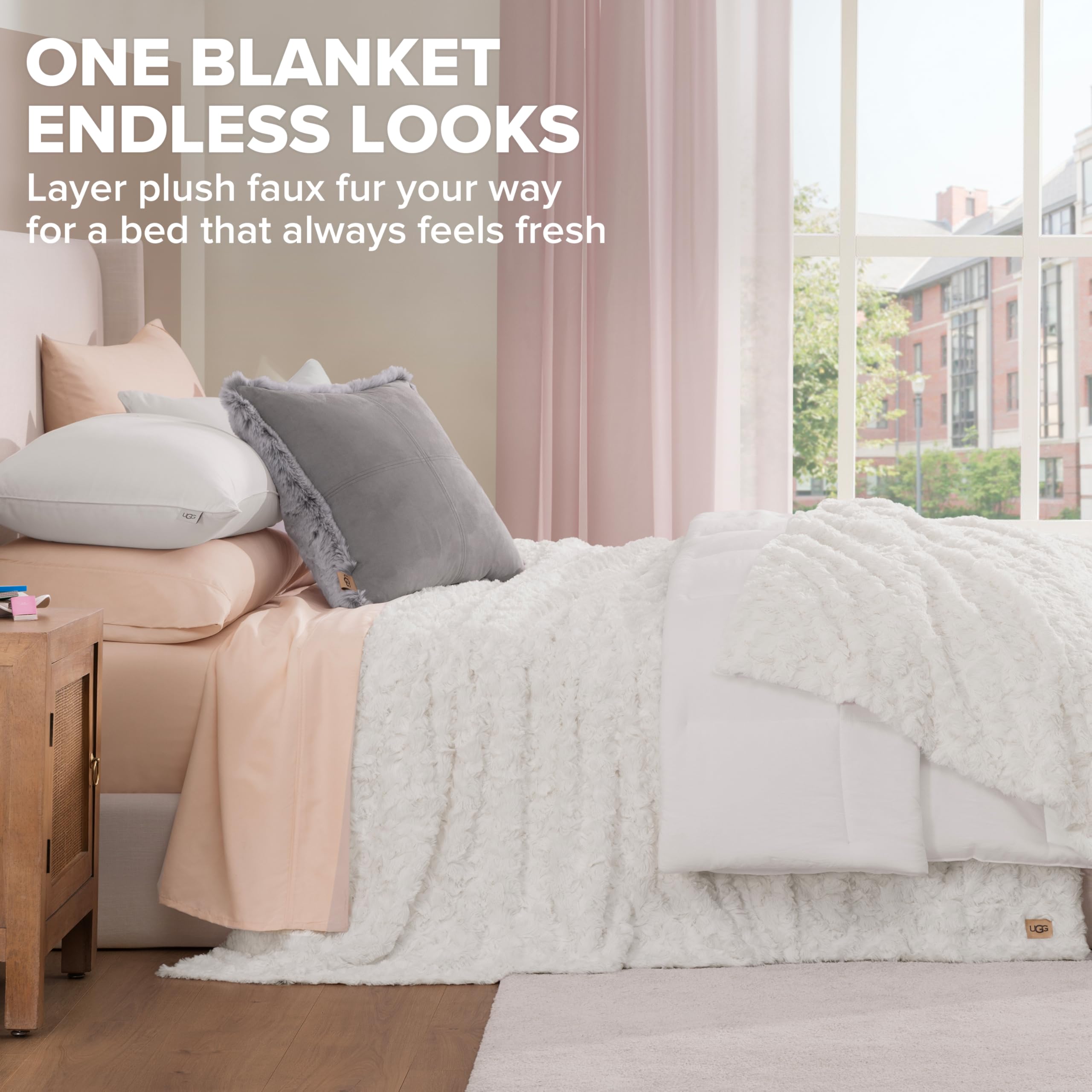UGG Adalee Faux Fur Twin Size Blanket, Warm Cozy Blanket, Extra Large Throw for Sofa, Washable Bedding for Twin XL Size Bed, Cute Room Decor, 66" x 90", Oyster Brown
