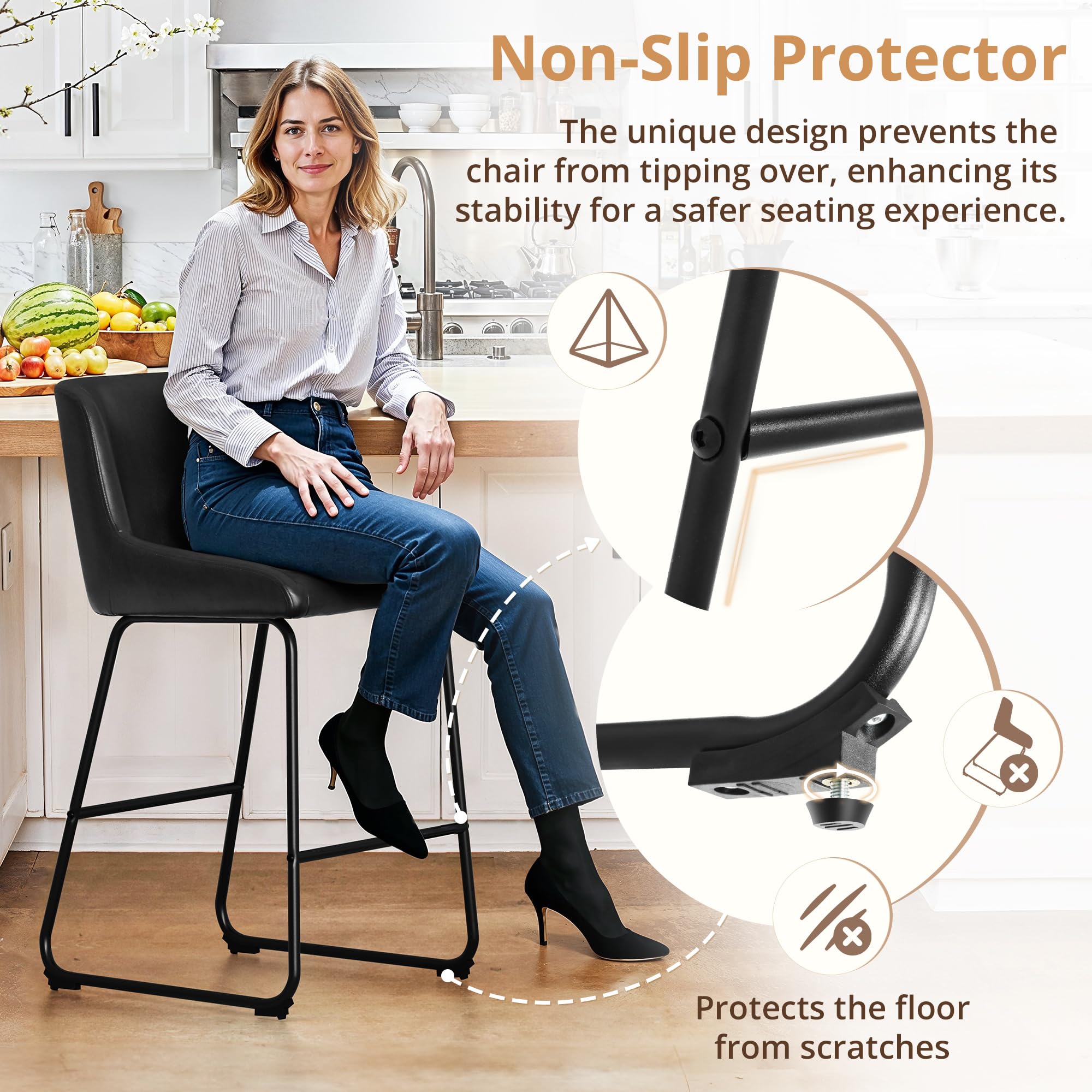 LUE BONA 26 Inch Counter Height Bar Stools Set of 2, Faux Leather Upholstered Barstools, Barstool with Back, Comfortable Bar Chairs, Modern Counter Stools for Kitchen Counter Island