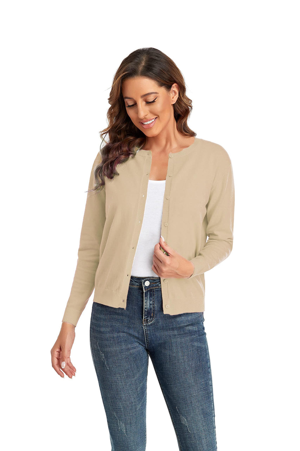CUNYI Women's Crew Neck Cardigan Long Sleeve Sweater for Women Button Down Soft Knit Ladies Cardigan Sweates Coat