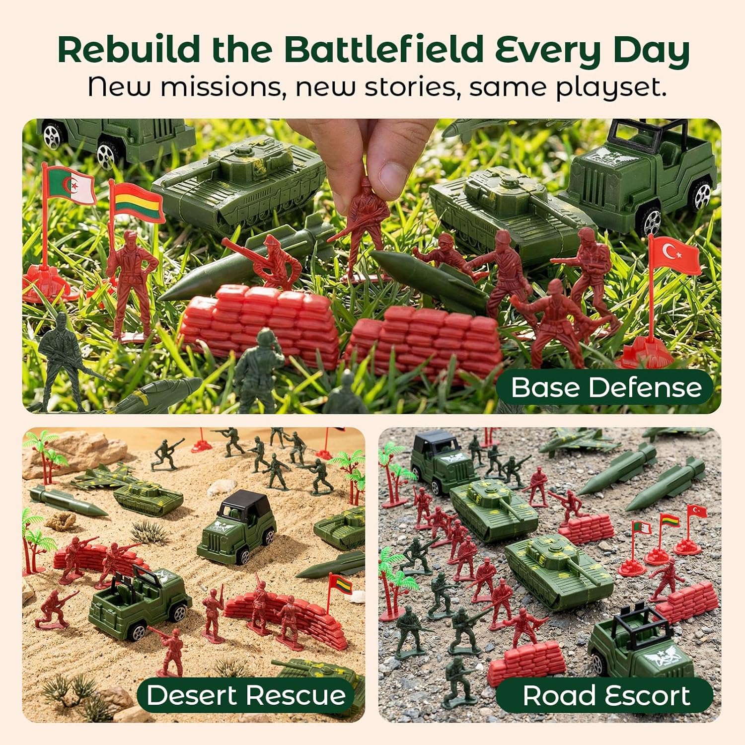AMOR PRESENT 277 PCS Army Men Military Playset, Army Men Toys for Boys 8-12, Military Soldier Playset Plastic Toy Soldiers Figures and Accessories with Handbag, Stockings Gift for Kid