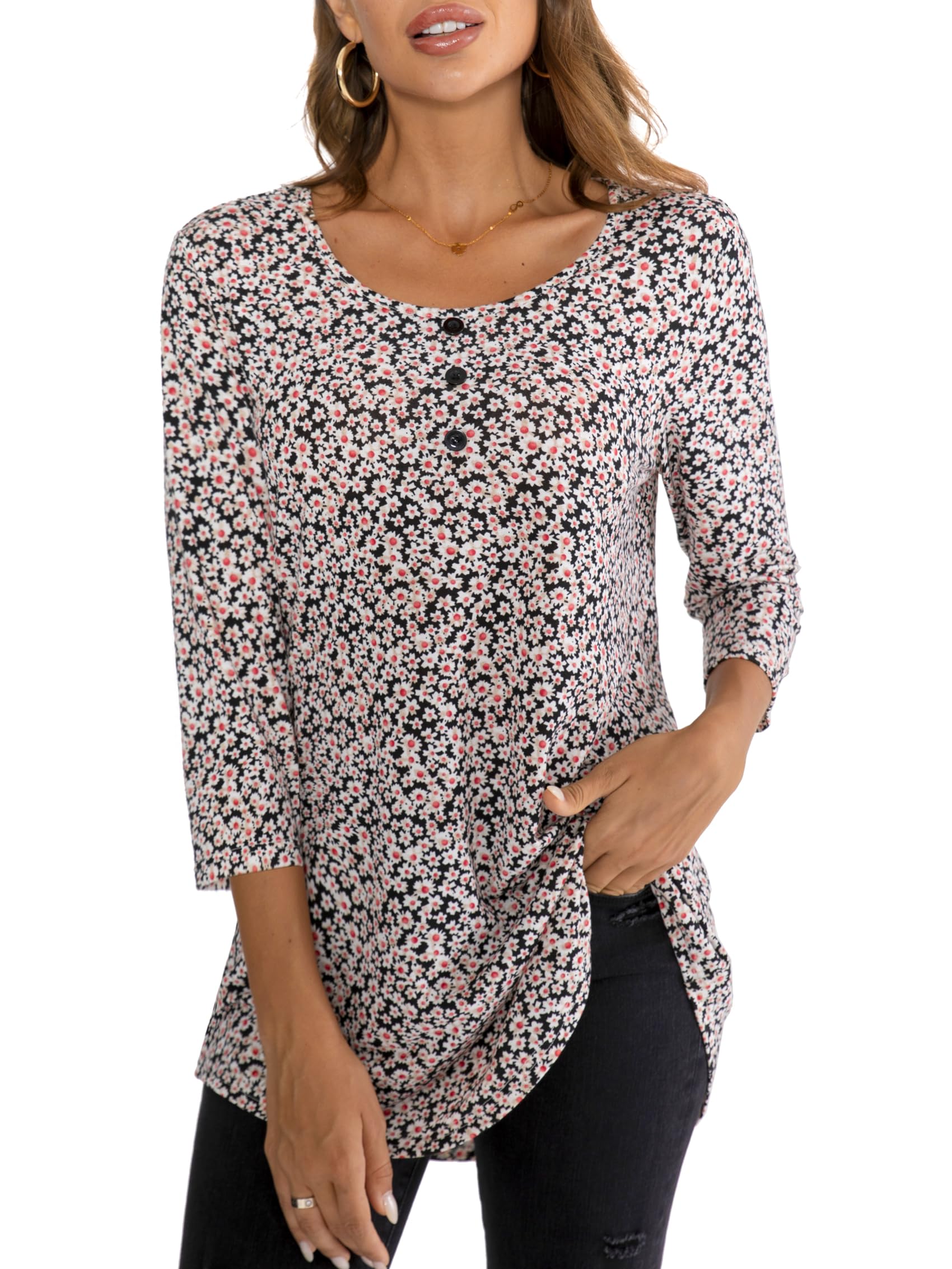 BAISHENGGT Womens Tops 3/4 Sleeve Round Neck Casual Tunic Tops Fall Fashion 2025 Dressy Casual Blouses