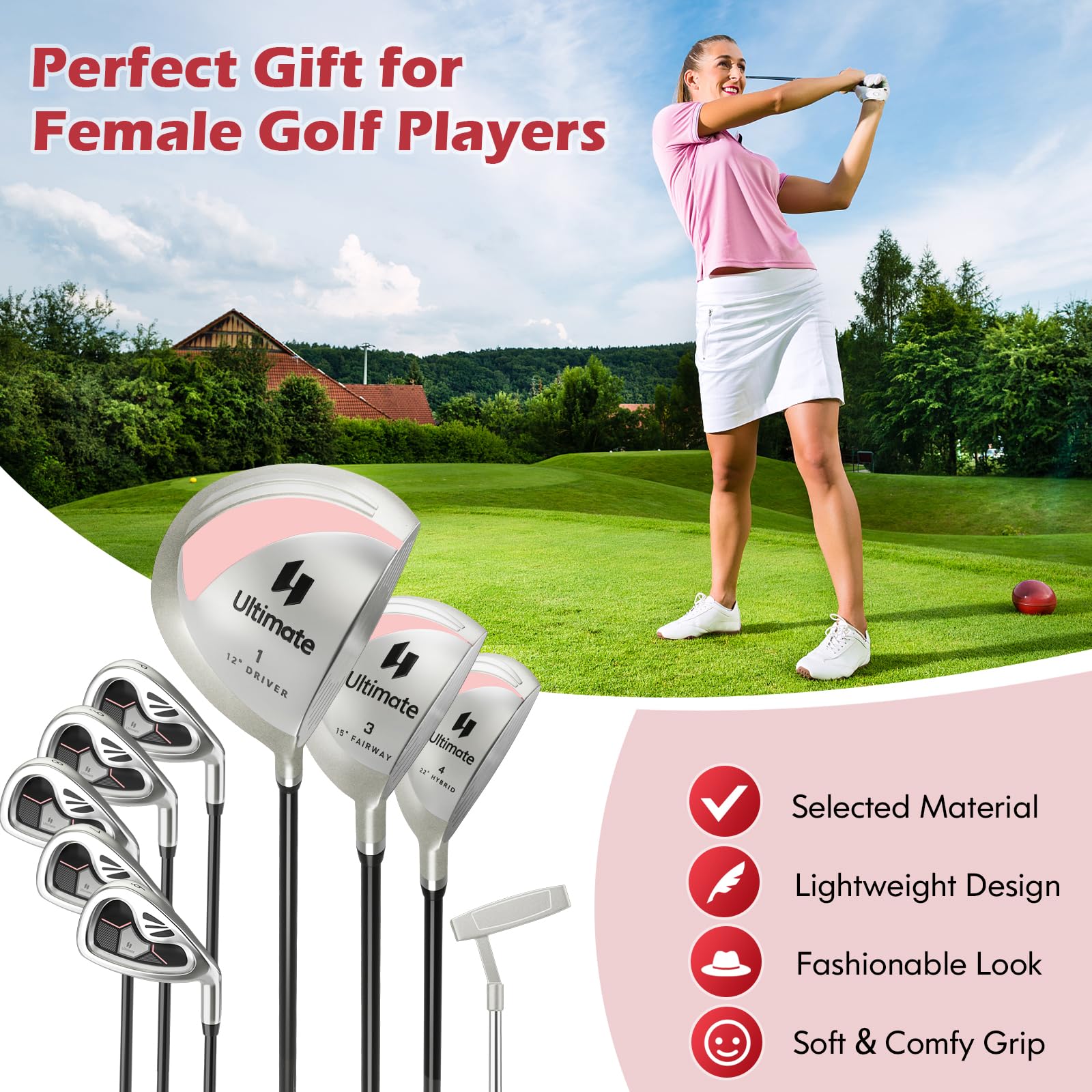 Tangkula 9/10/12 Pieces Women's Complete Golf Clubs Set, Golf Club Package Set with 460CC Driver, Fairway Wood & Hybrid, Irons, Putter, Portable Regular Golf Club Set