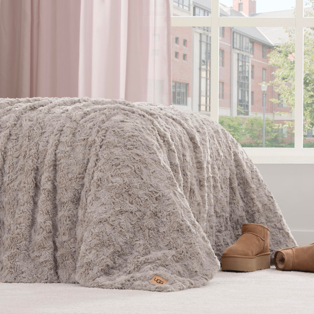 UGG Adalee Faux Fur Twin Size Blanket, Warm Cozy Blanket, Extra Large Throw for Sofa, Washable Bedding for Twin XL Size Bed, Cute Room Decor, 66" x 90", Oyster Brown