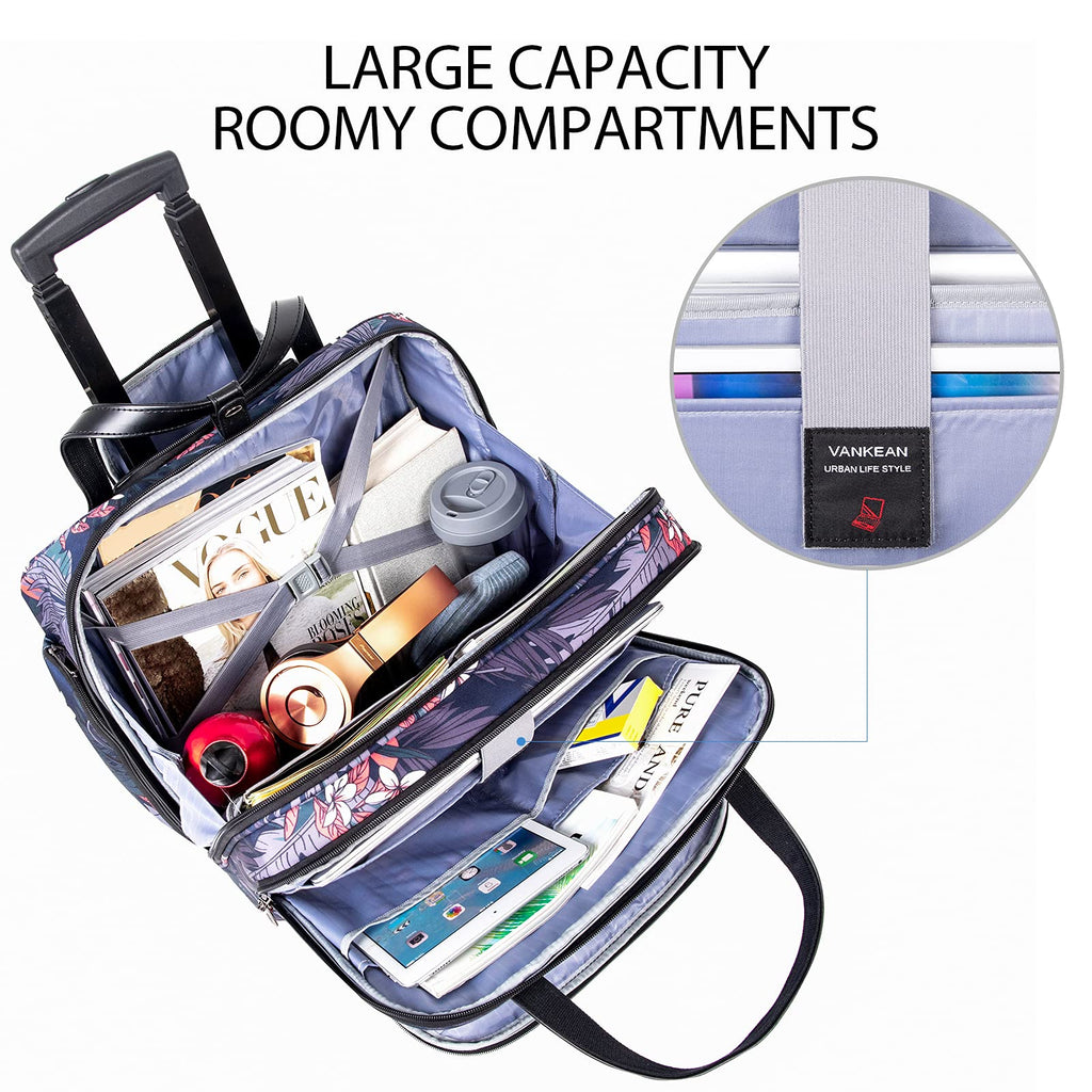VANKEAN Rolling Laptop Bag Women with Wheels, Fits Up to 15.6 Inch Rolling Briefcase Water Repellent Rolling Computer Bag (Floral)