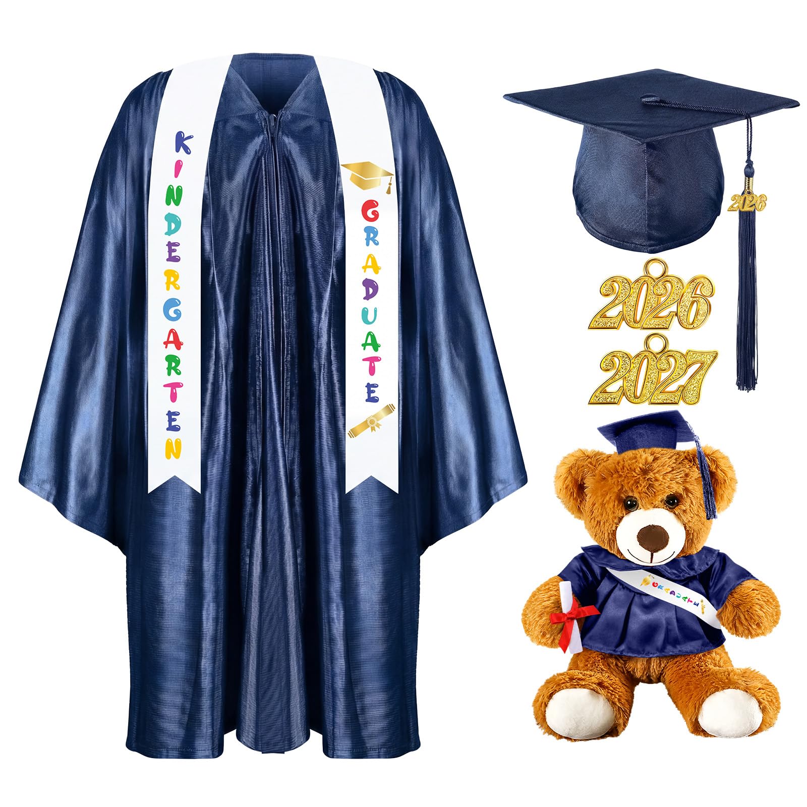 Sintuff 7 Pcs Kindergarten Preschool Graduation Cap and Gown with Bear Gifts 2026 Grad Stole Tassel Sash for Toddler Kids