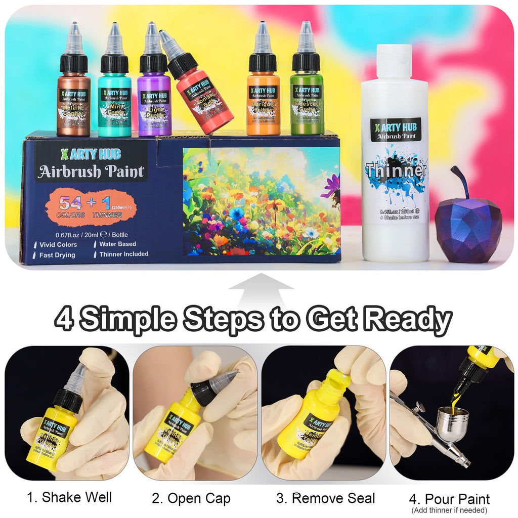 Airbrush Paint - 42 Colors Air Brush Painting Set with 4.05 fl oz Thinner, Iridescent, Neon & Metallic Acrylic Paints, Ready-to-Spray, Water-Based for Paper, Canvas, Wood, Fabric, Models