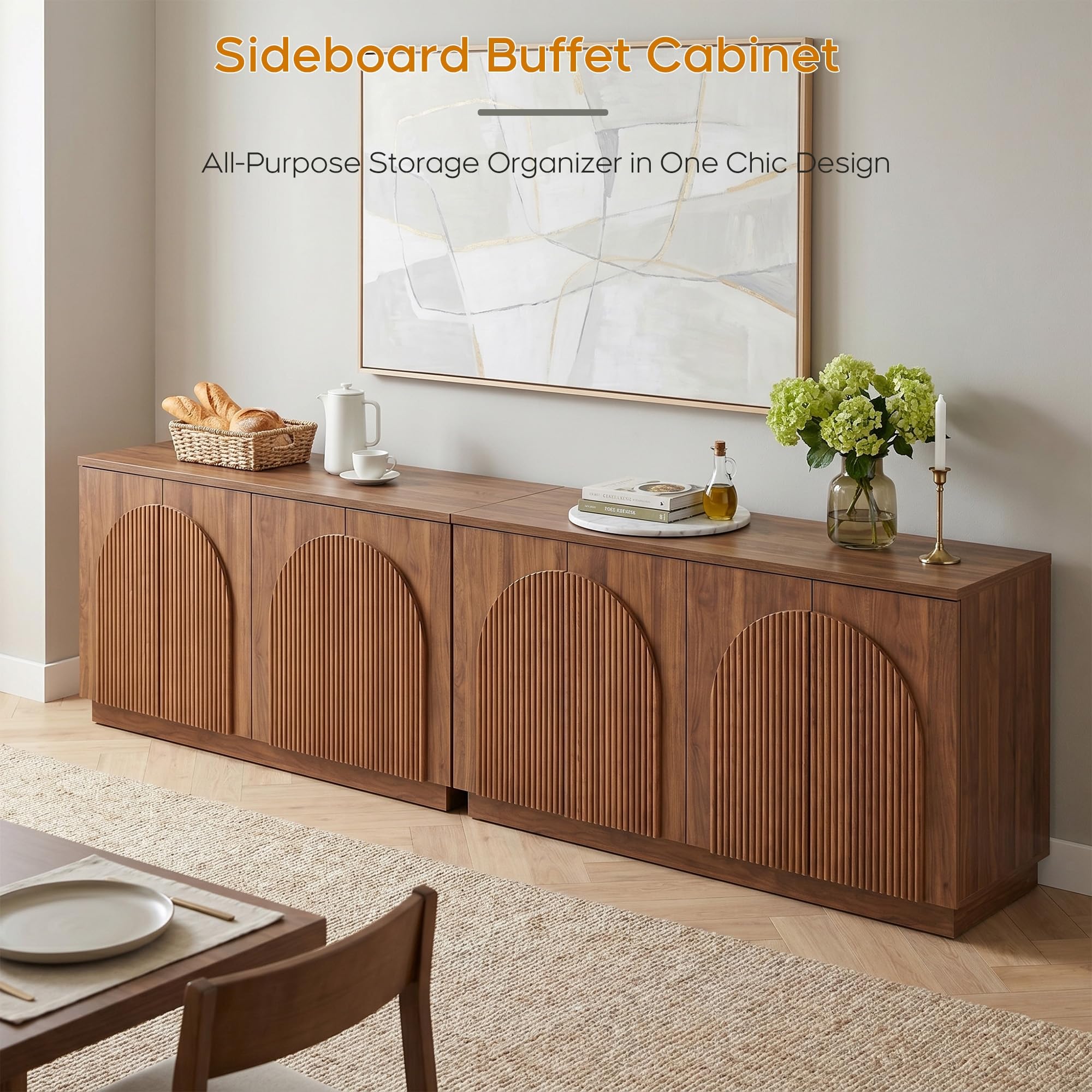 Yechen 55" Fluted Sideboard Buffet Cabinet with Storage, Wood Mid Century Modern Credenza Cabinet w/Arched Reeded Doors & Adjustable Shelves for Kitchen, Living Room, Entryway