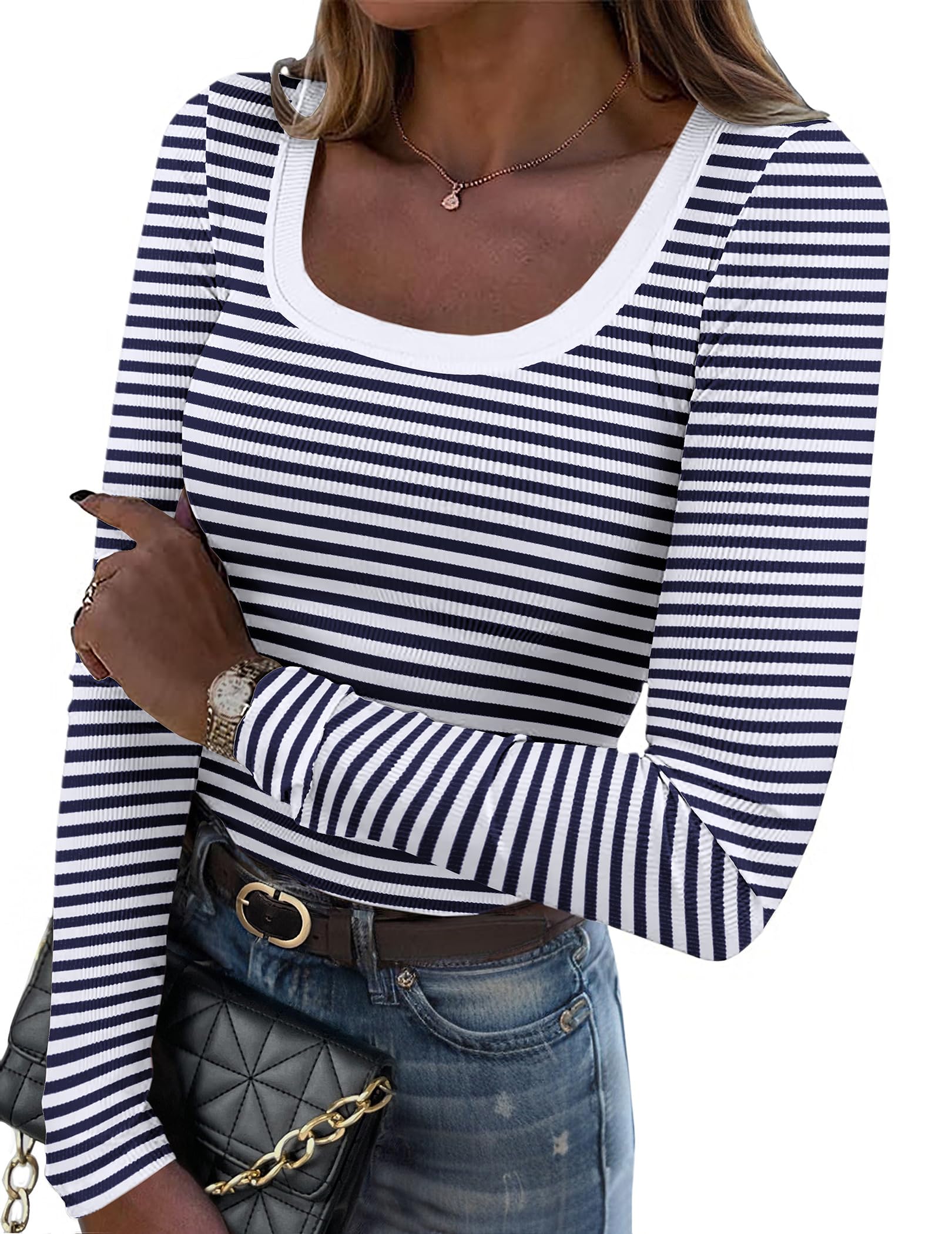 Zeagoo Women's Long Sleeve Scoop Neck Shirts Casual Slim Fit Rib Knit Tops Summer Fall Basic Business Work Tee