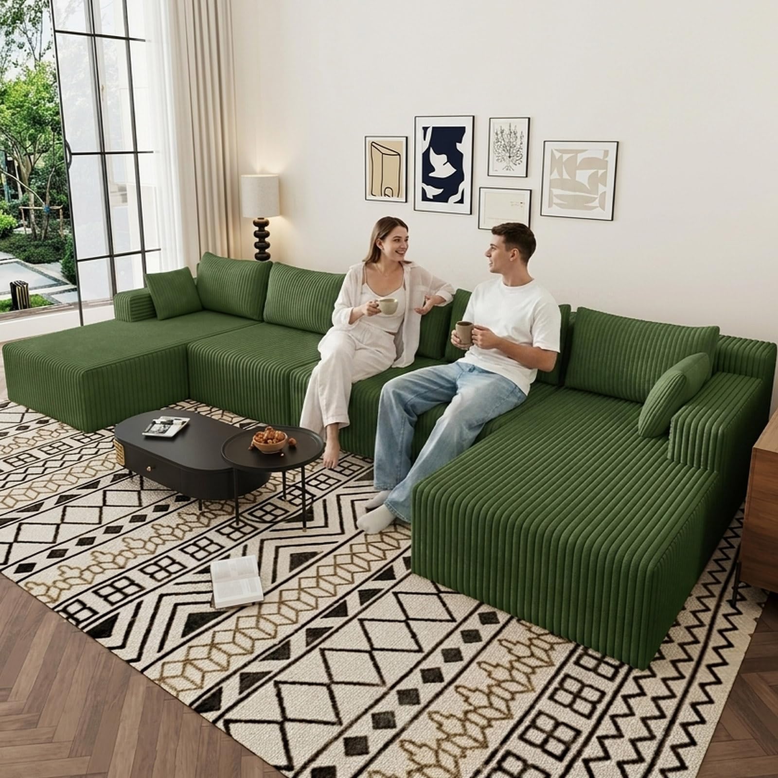 Lakifun 107" L-Shape Sofa with Ottoman, Modern Modular Sectional Comfy U-Shape Cloud Couch, Deep Seat, Upholstered Corduroy Sleeper Chaise Longue for Living Room Bedroom, No Assembly Required, Black