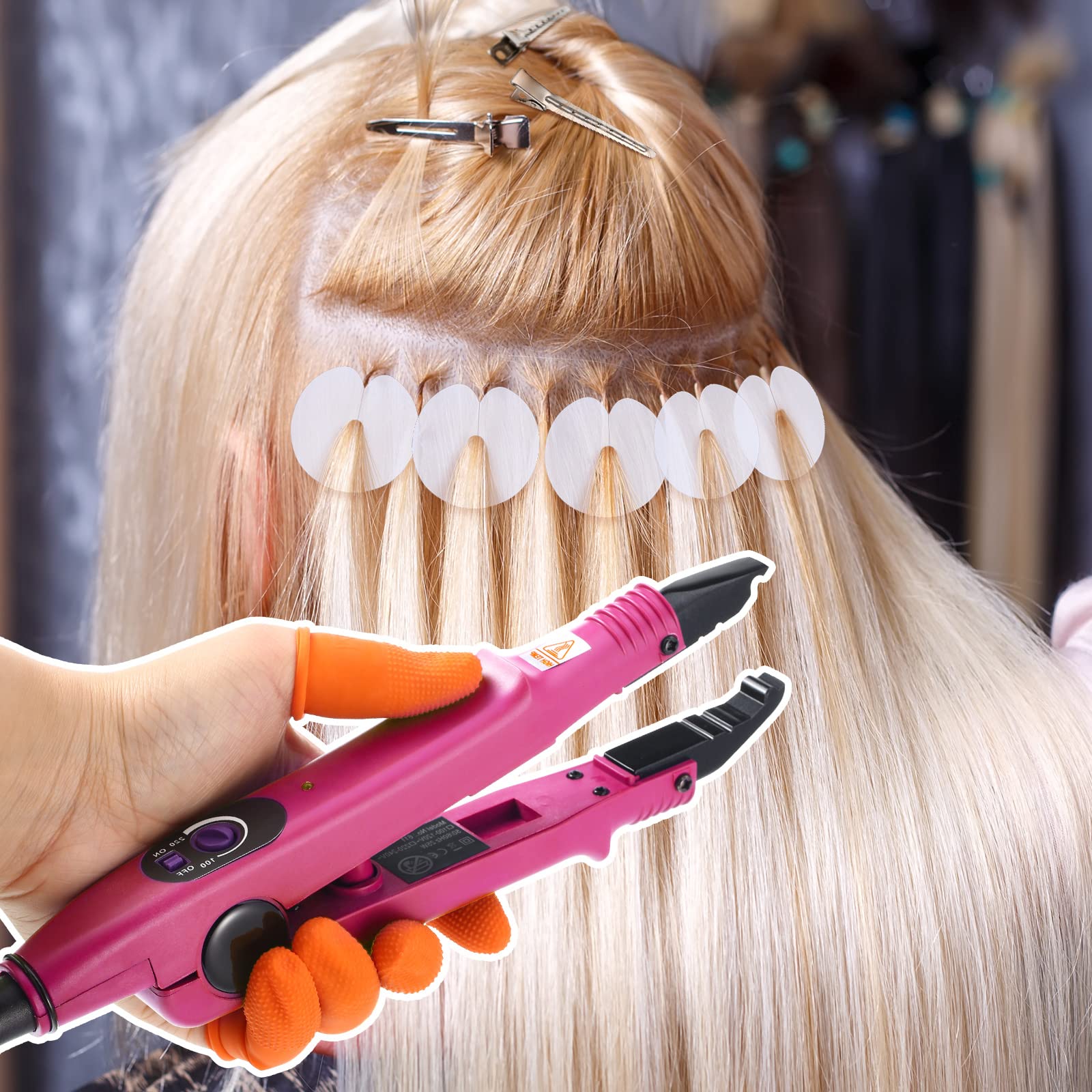 Hair Extensions Iron Fusion Keratin Hair Extensions Heat Tool Heat Connector Wand with Fusion Glue Protector Template Hair Clip Finger Protector 2 Bag Keratin Glue Granule Bead(Black)