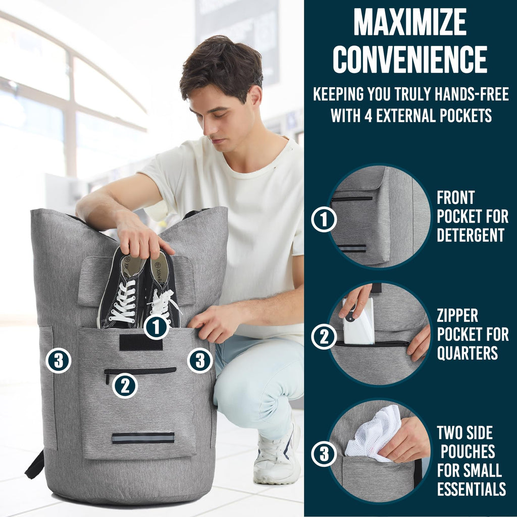 Laundry Bag Extra Large 115L, Laundry Backpack Bag, Laundry Bags Extra Large Heavy Duty, Laundry Bag with Straps, Clothes Hamper Bags with 4 Pockets, College Laundromat Backpack for Dorm Room