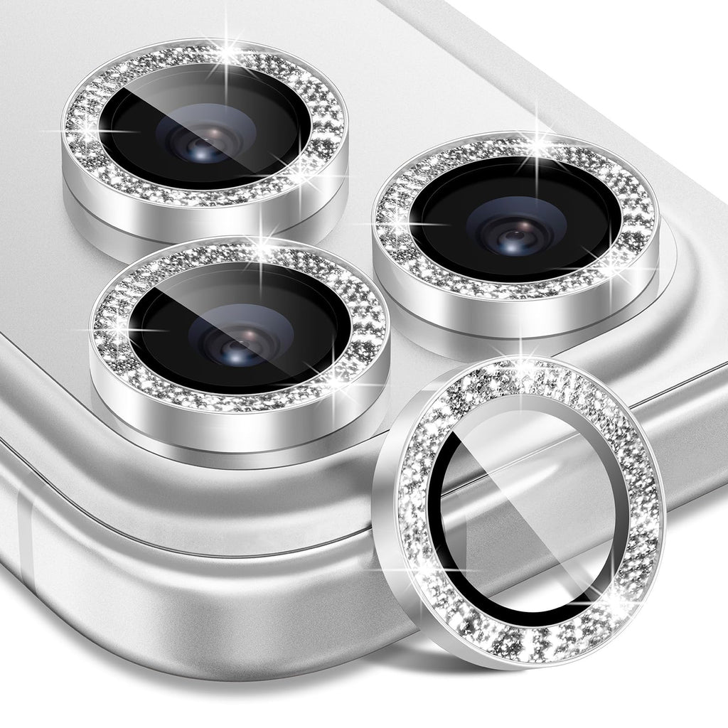 Matekxy Glitter Camera-Lens Protector for iPhone-16 Pro-Max - 16 Pro Anti-Scratch Tempered Glass with Aluminum Edging, Cute Girly Metal Individual Bling Ring Cover for Women, Black Titanium