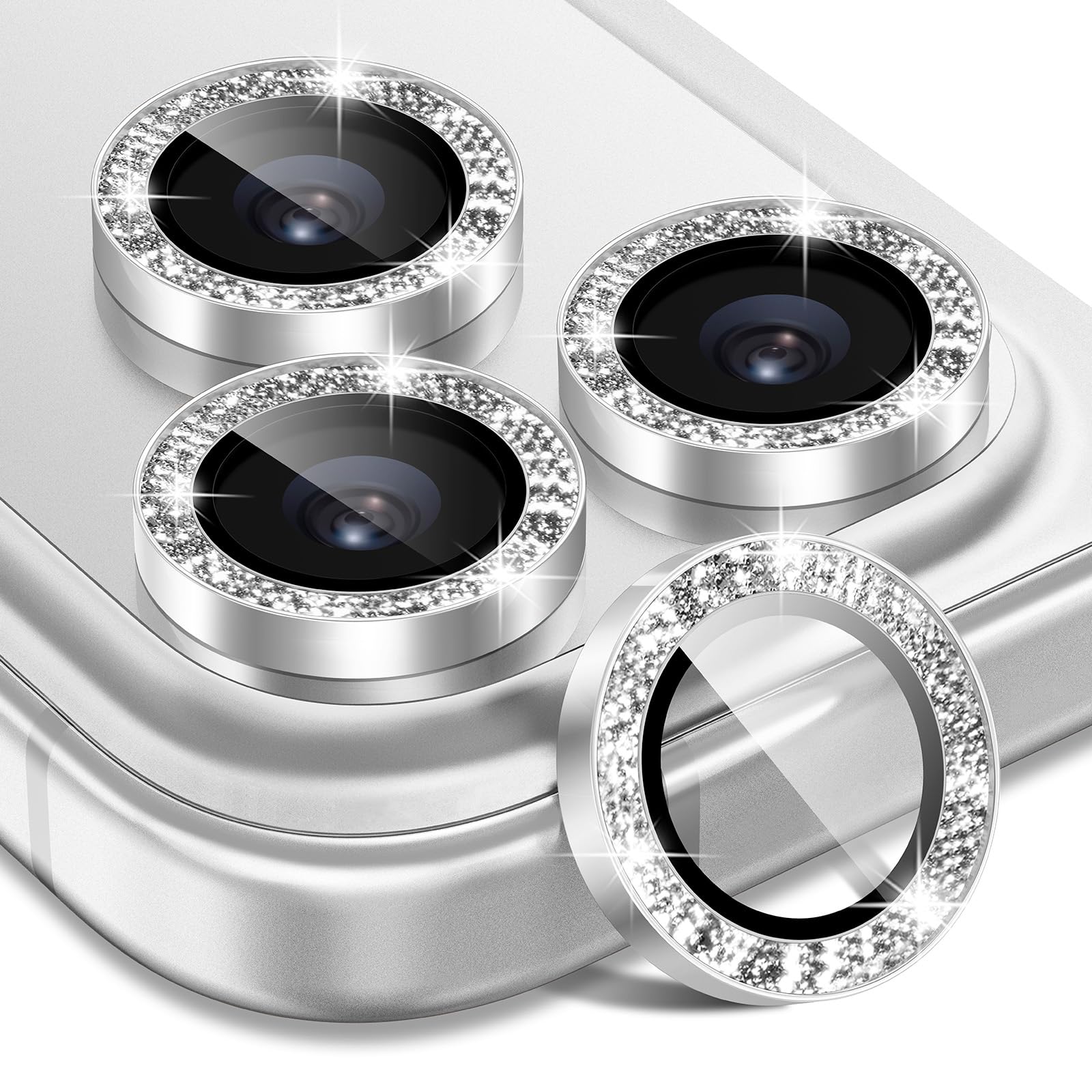 Matekxy Glitter Camera-Lens Protector for iPhone-16 Pro-Max - 16 Pro Anti-Scratch Tempered Glass with Aluminum Edging, Cute Girly Metal Individual Bling Ring Cover for Women, Black Titanium