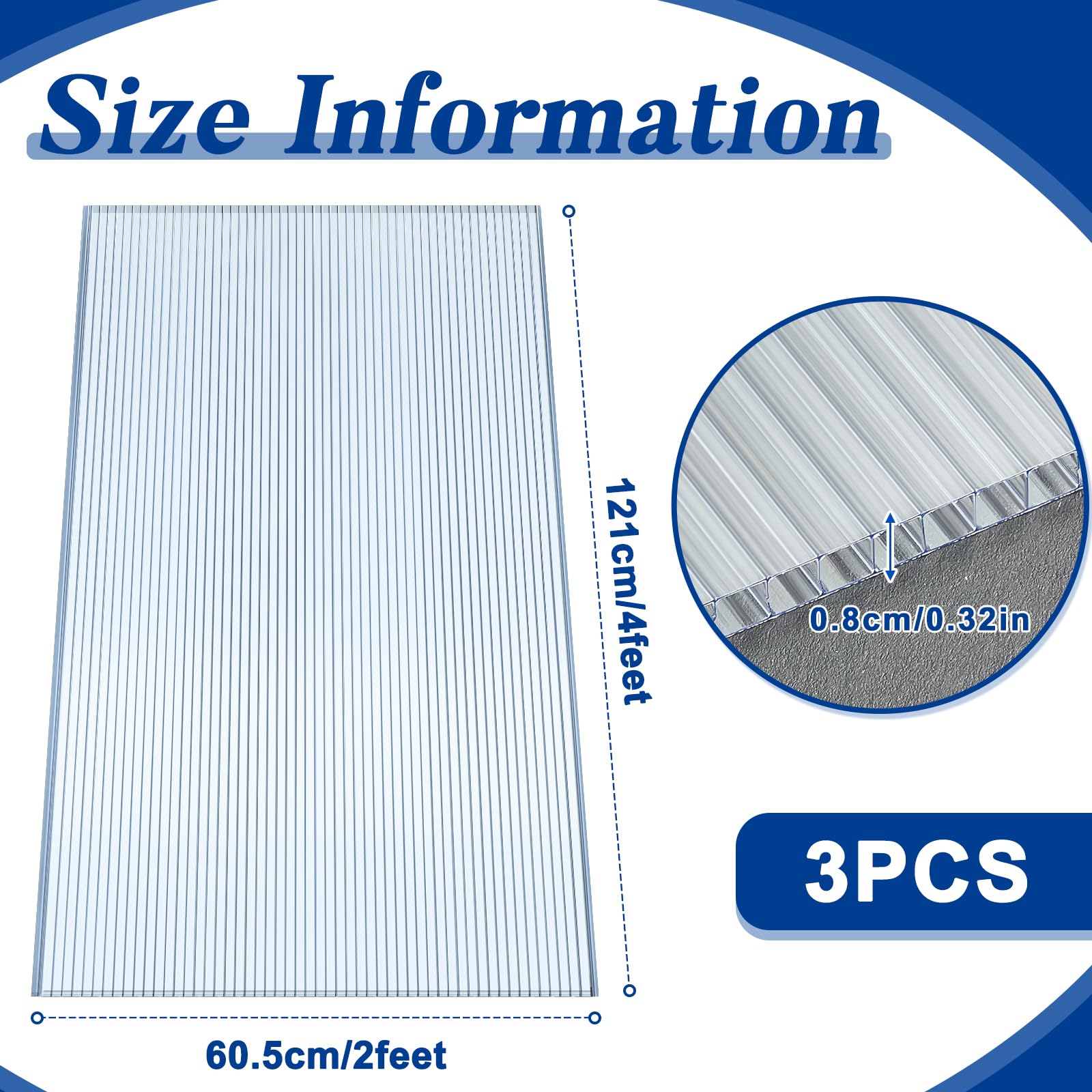 Hotop 3 Pcs Polycarbonate Greenhouse Panels Double Layer Polycarbonate Panels Waterproof UV Protected Sheet Corrugated Plastic Roof Greenhouse Replacement Cover (4' X 2' X 0.24")