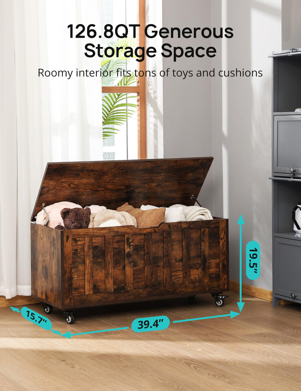 HYZ Storage Chest, 39.4'' Wooden Storage Bench with 4 Wheels & 2 Safety Hinges, Retro Toy Box Support 300 lbs for Bedroom, Living Room, Easy Assembly, Rustic Brown
