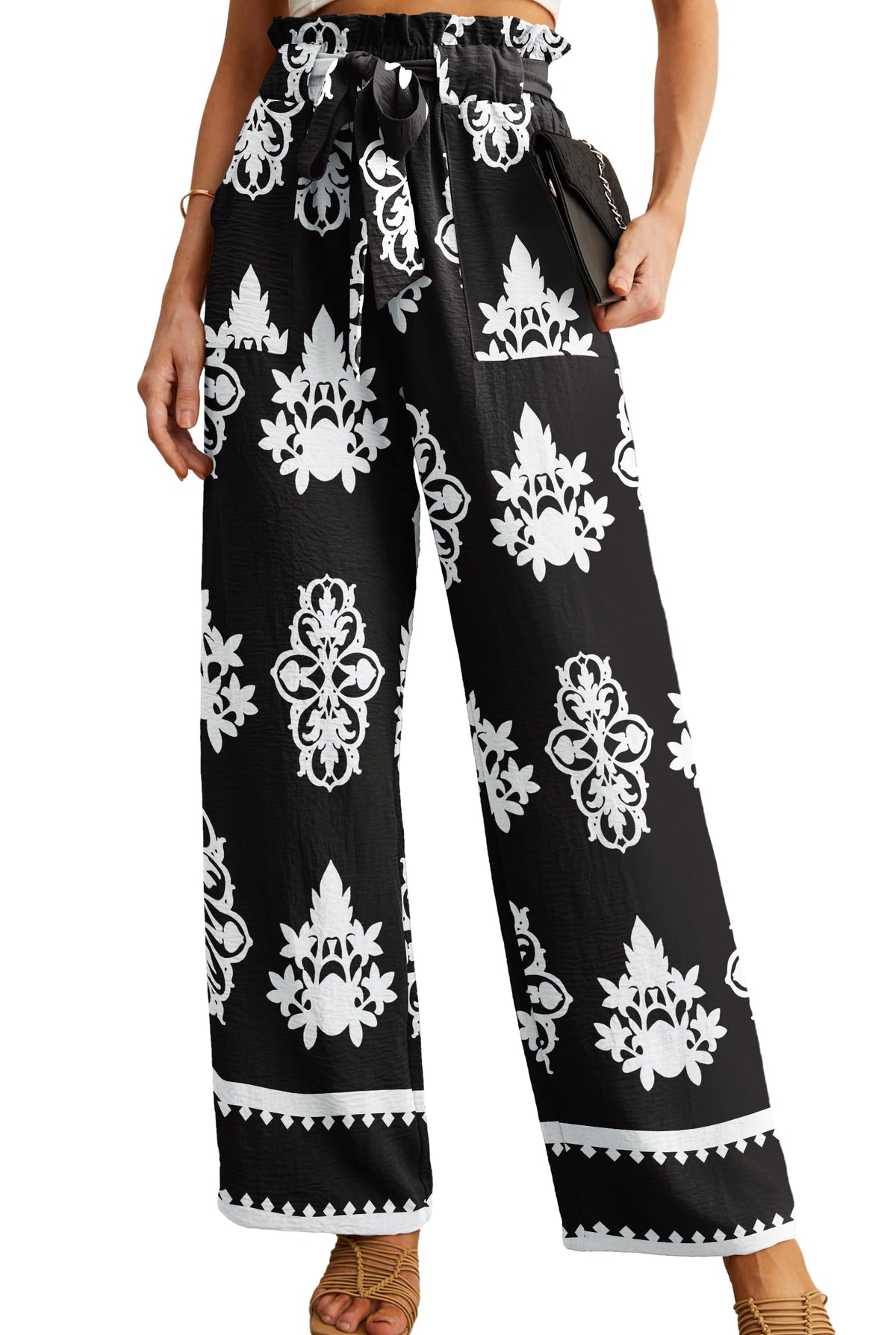 IWOLLENCE Women High Waist Palazzo Pants, Adjustable Knot Ankle Wide Leg Trousers Pockets Beach Vacation Lounge Office