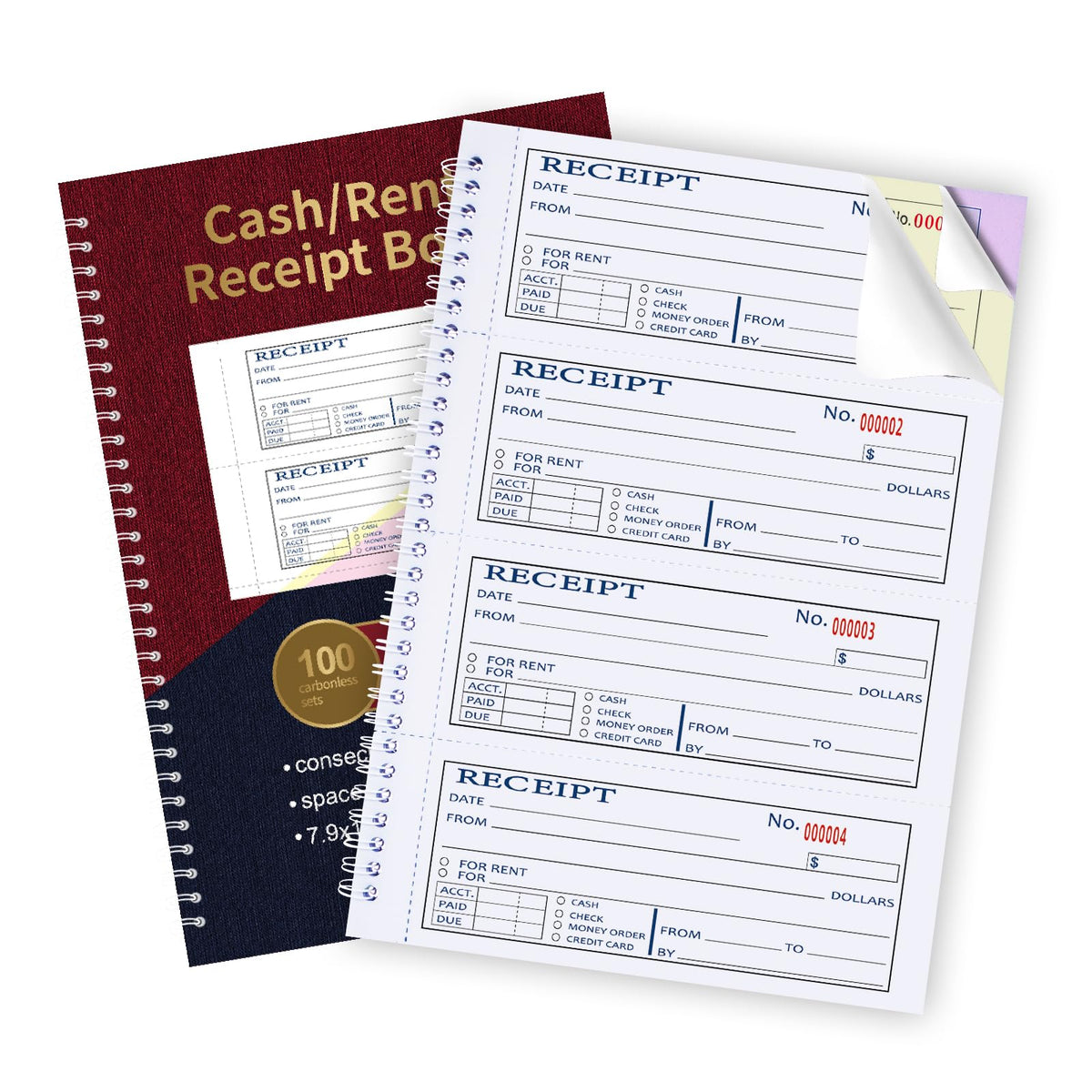 Large Money and Rent Receipt Book with Cardboard Insert,2-Part Carbonless,7.9”x11.2” Spiral Bound,200 Sets per Book,4 Receipts per Page for Office Supplier,Rent and Cash Transaction