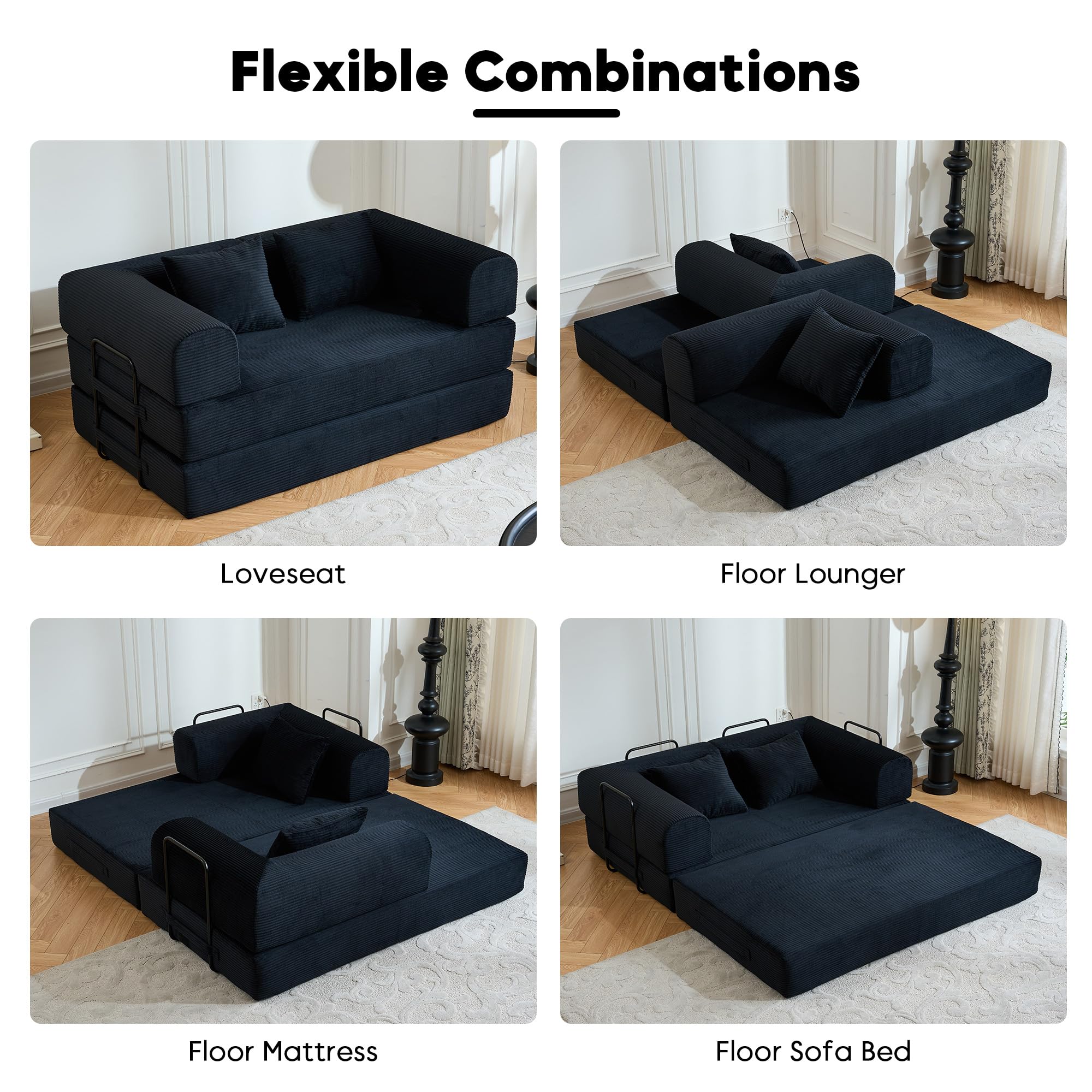 ZEIINPA 59“ Convertible Floor Sofa Bed, 5-in-1 Futon Sofa Bed Pull Out Sleeper Couch, Modern Corduroy Compressed Loveseat, Modular Boneless Couches for Living Room, No Assembly Required, Beige