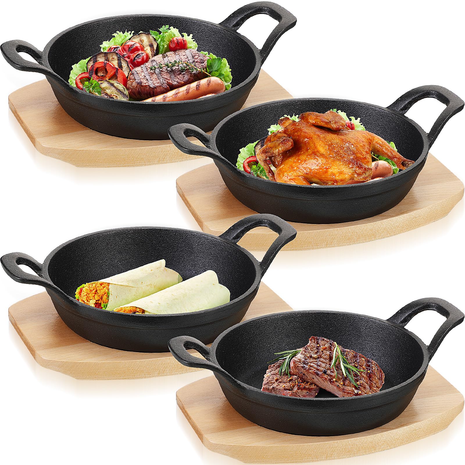 Sliner 4 Sets Mini Cast Iron Skillet Small Cast Iron Plates Skillet with Wooden Base Small Round Pan Fajita Plate Pot for Baking Cooking(3.9 Inch)