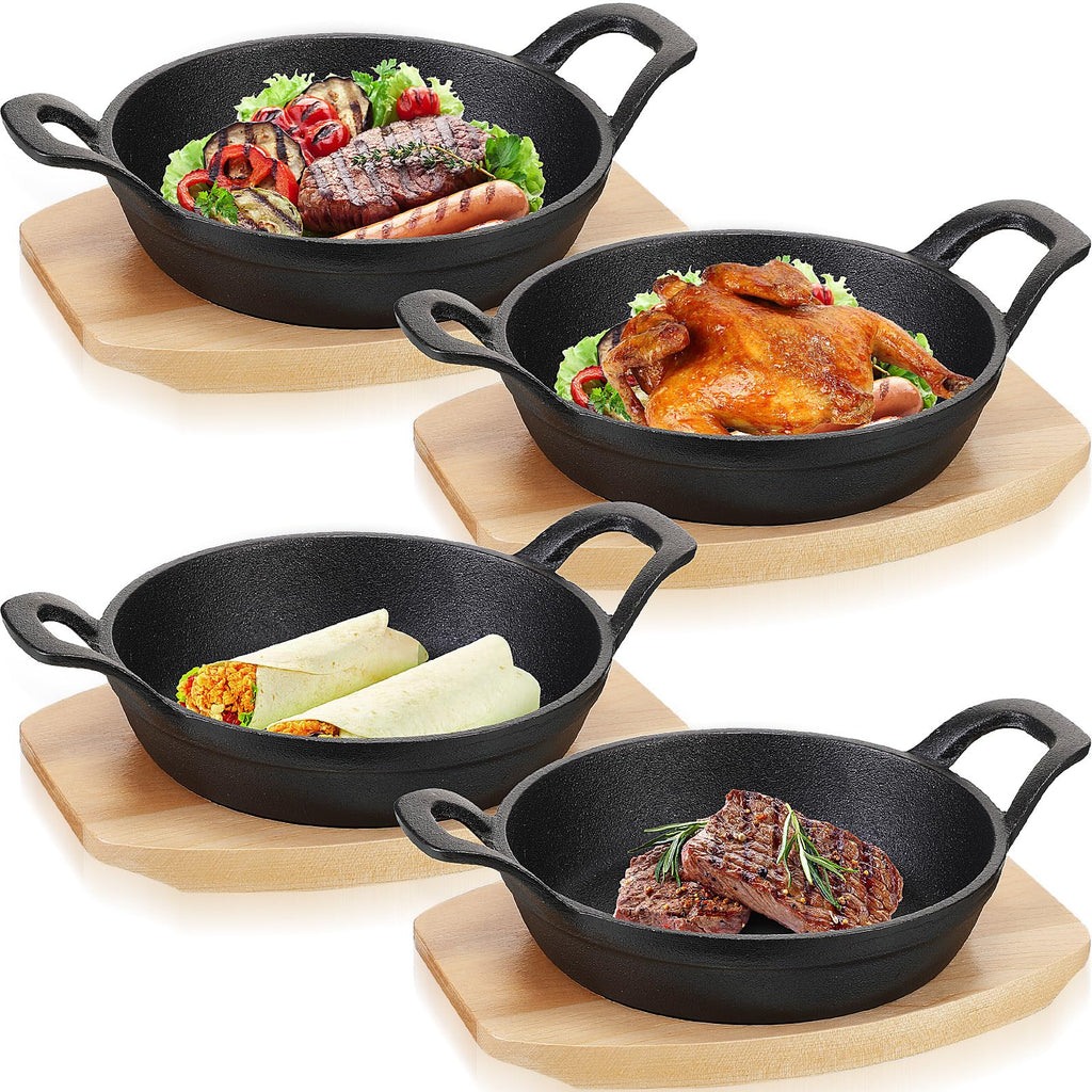 Sliner 4 Sets Mini Cast Iron Skillet Small Cast Iron Plates Skillet with Wooden Base Small Round Pan Fajita Plate Pot for Baking Cooking(3.9 Inch)