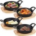Sliner 4 Sets Mini Cast Iron Skillet Small Cast Iron Plates Skillet with Wooden Base Small Round Pan Fajita Plate Pot for Baking Cooking(3.9 Inch)