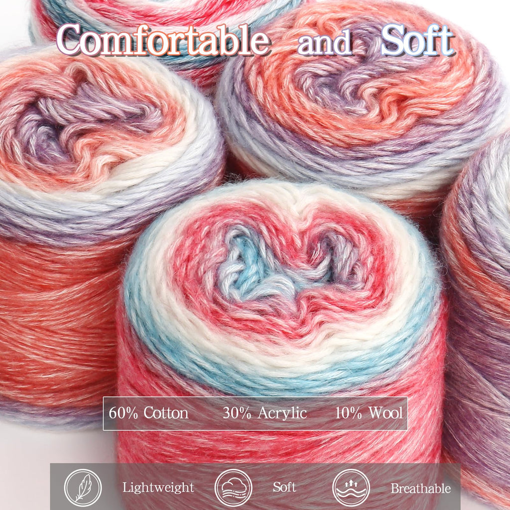 Katech Fairyland Yarn for Crocheting Knitting-Gradient Yarn Cake-4 Pack of 100g/3.52 oz-Soft DK Light Weight #3-60% Cotton 30% Acrylic 10% Wool-Perfect for Scarves, Shawls, Blankets and Garments(A)