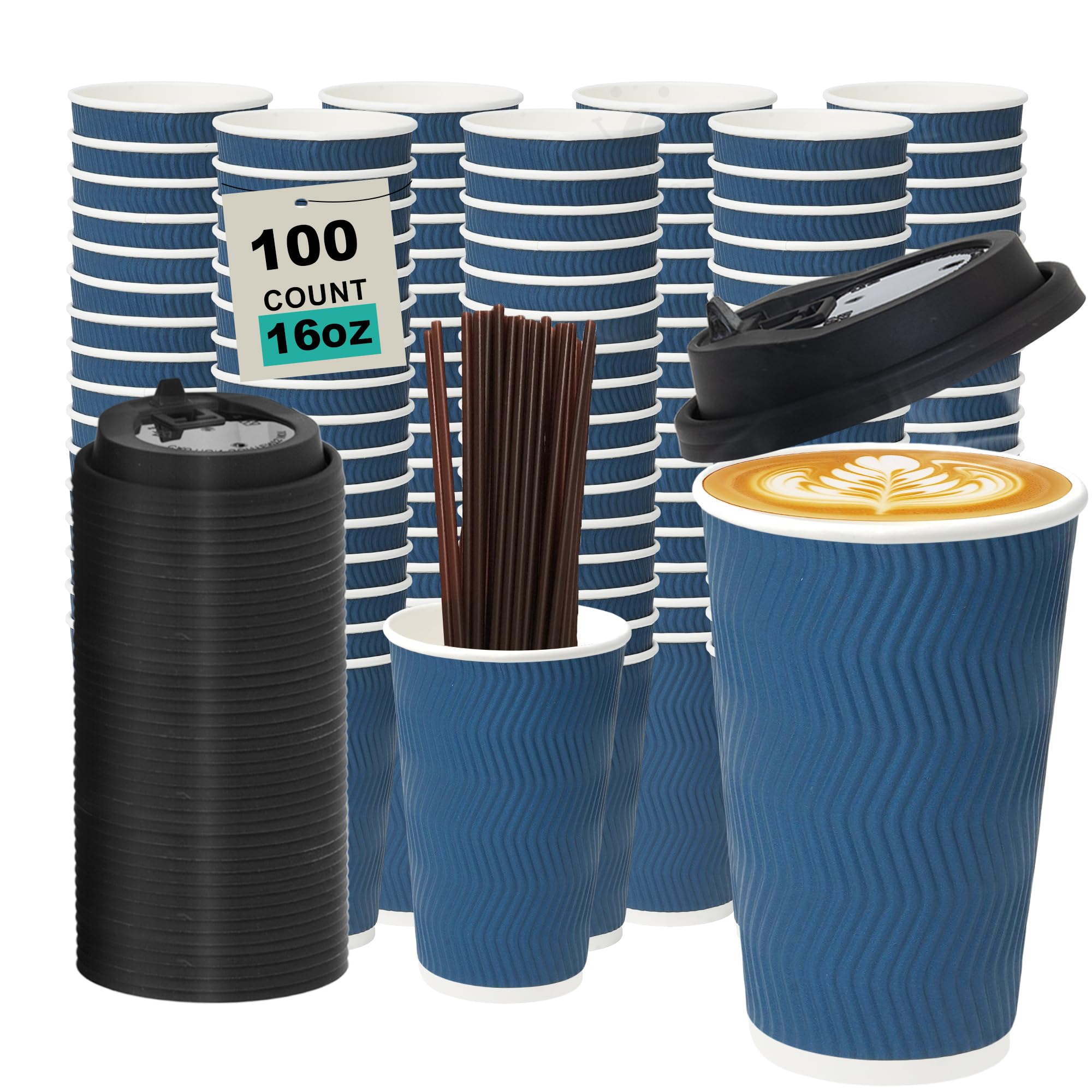 16 oz 100 Pack Corrugated Ripple Wall Disposable Coffee Cups with Lids and Straws, Heavy Duty Insulated Cups for Hot Beverage or Cold Drinks, Bulk for Restaurants, Offices, Coffee Shops(Black)